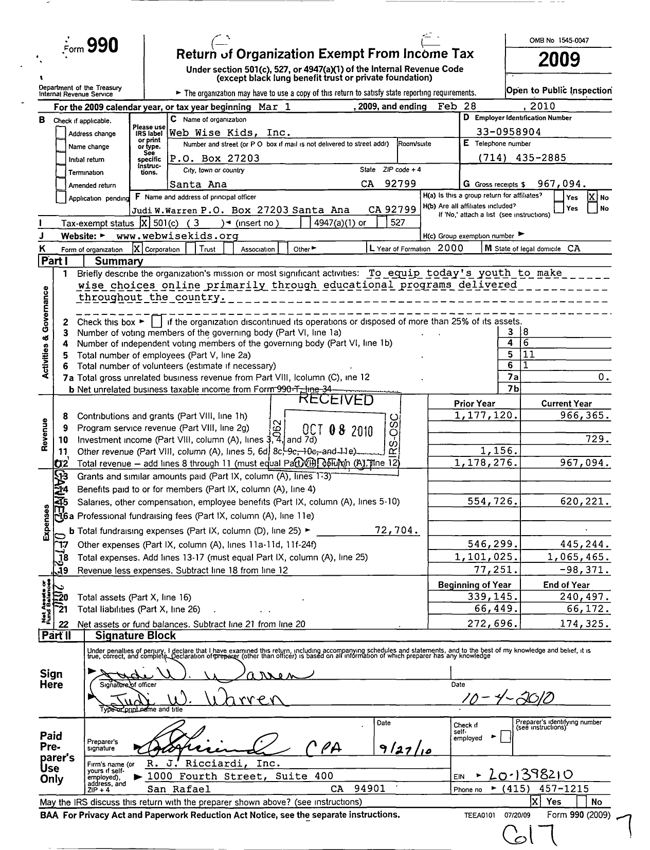 Image of first page of 2009 Form 990 for Web Wise Kids