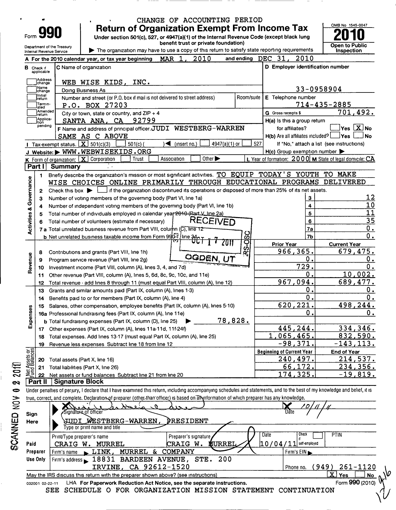 Image of first page of 2010 Form 990 for Web Wise Kids