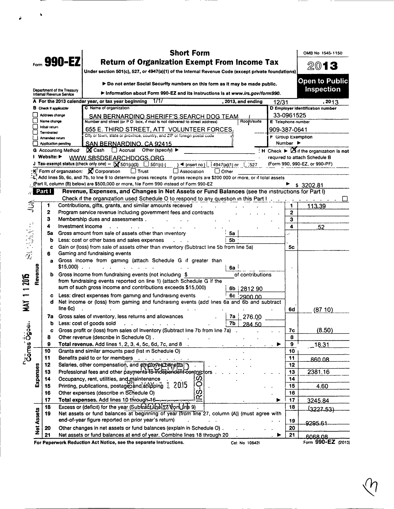 Image of first page of 2013 Form 990EZ for San Bernardino County Sheriffs Department Search Dog Team