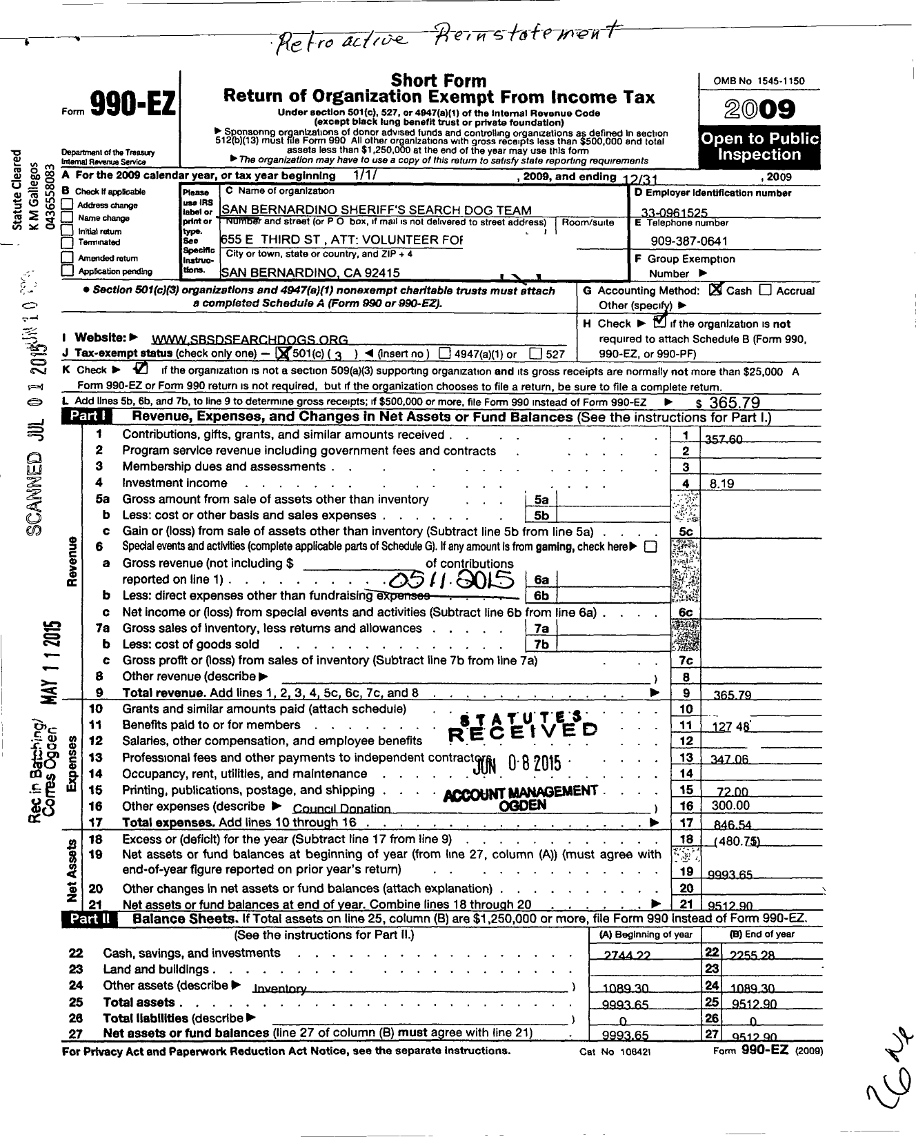 Image of first page of 2009 Form 990EZ for San Bernardino County Sheriffs Department Search Dog Team