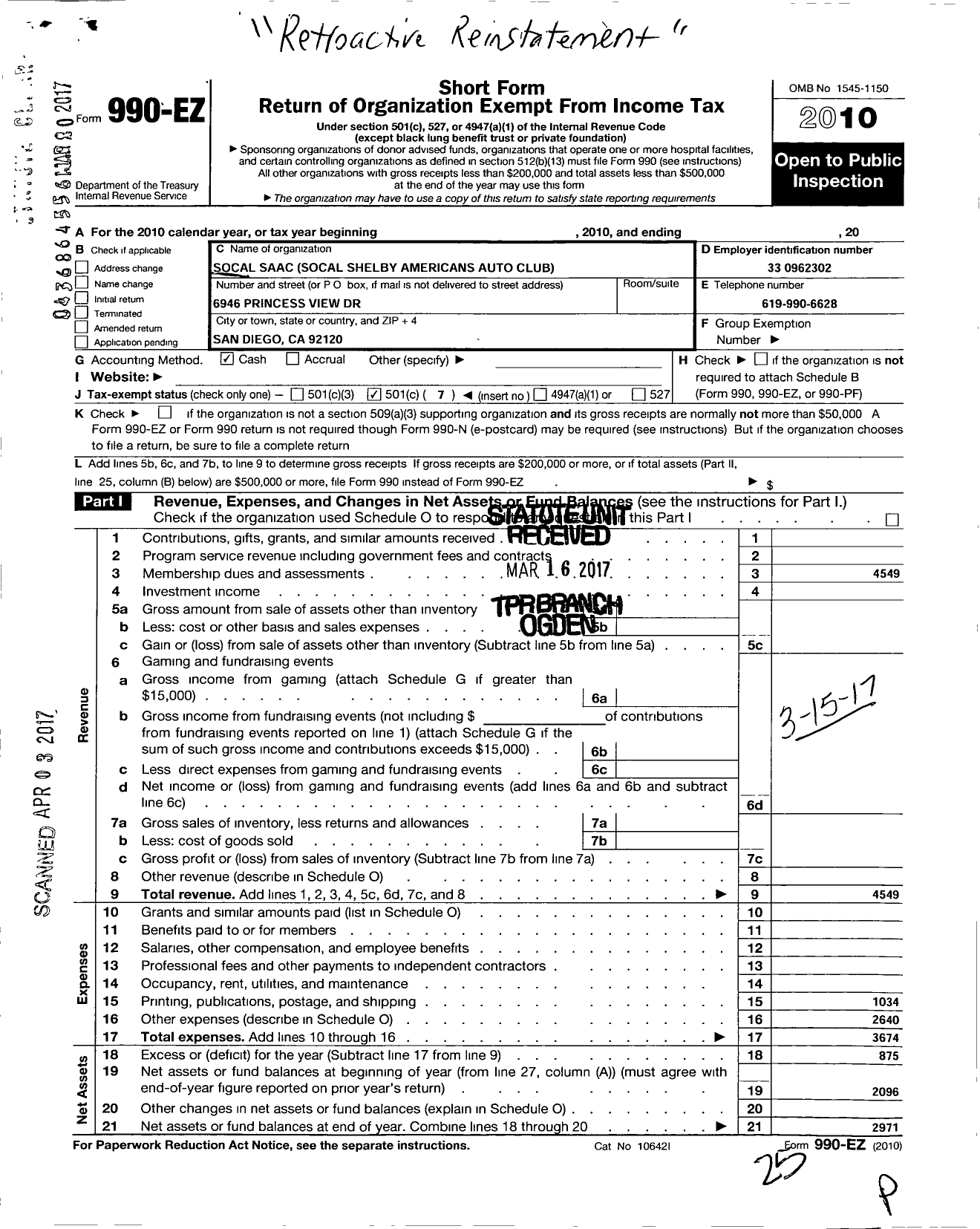 Image of first page of 2010 Form 990EO for So Cal Saac