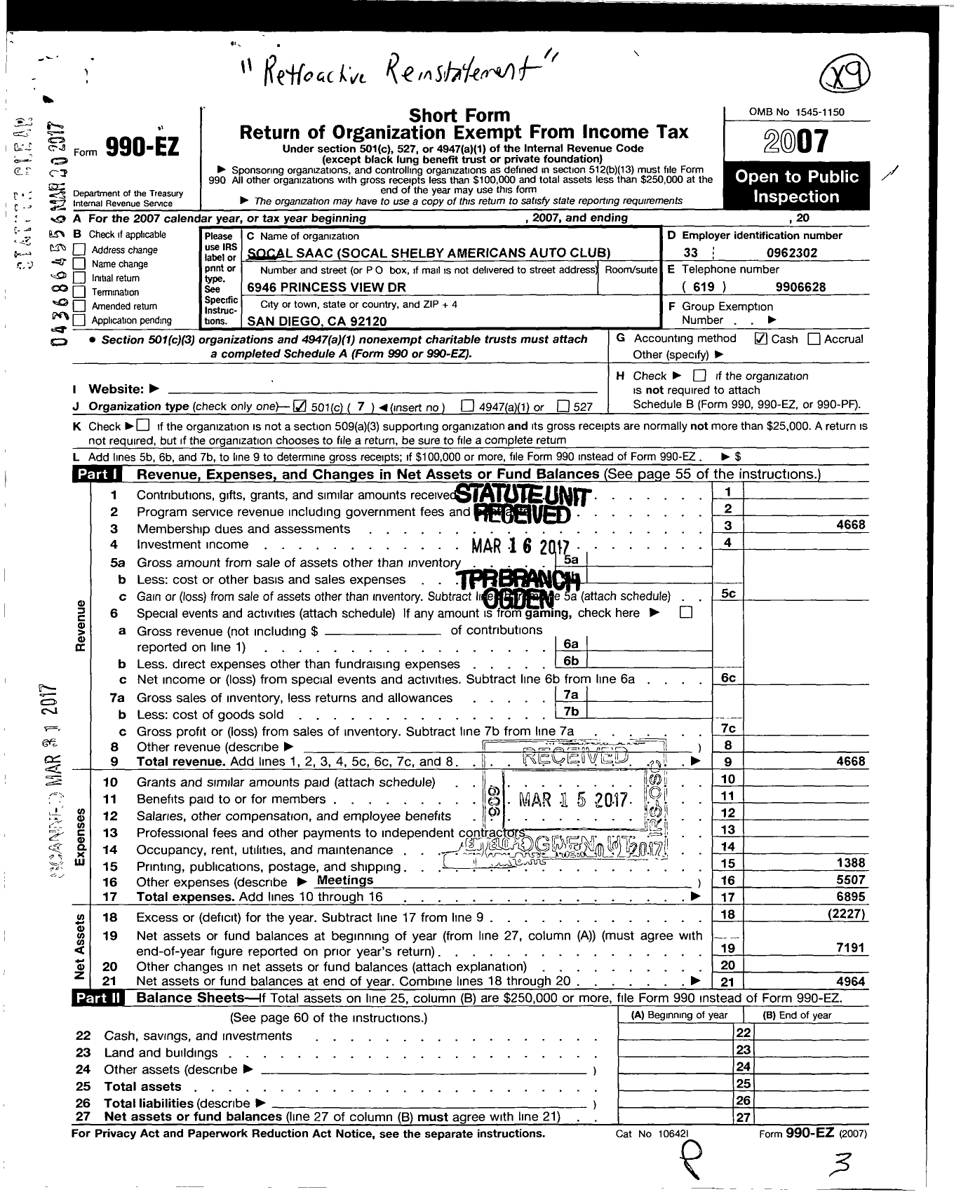 Image of first page of 2007 Form 990EO for So Cal Saac