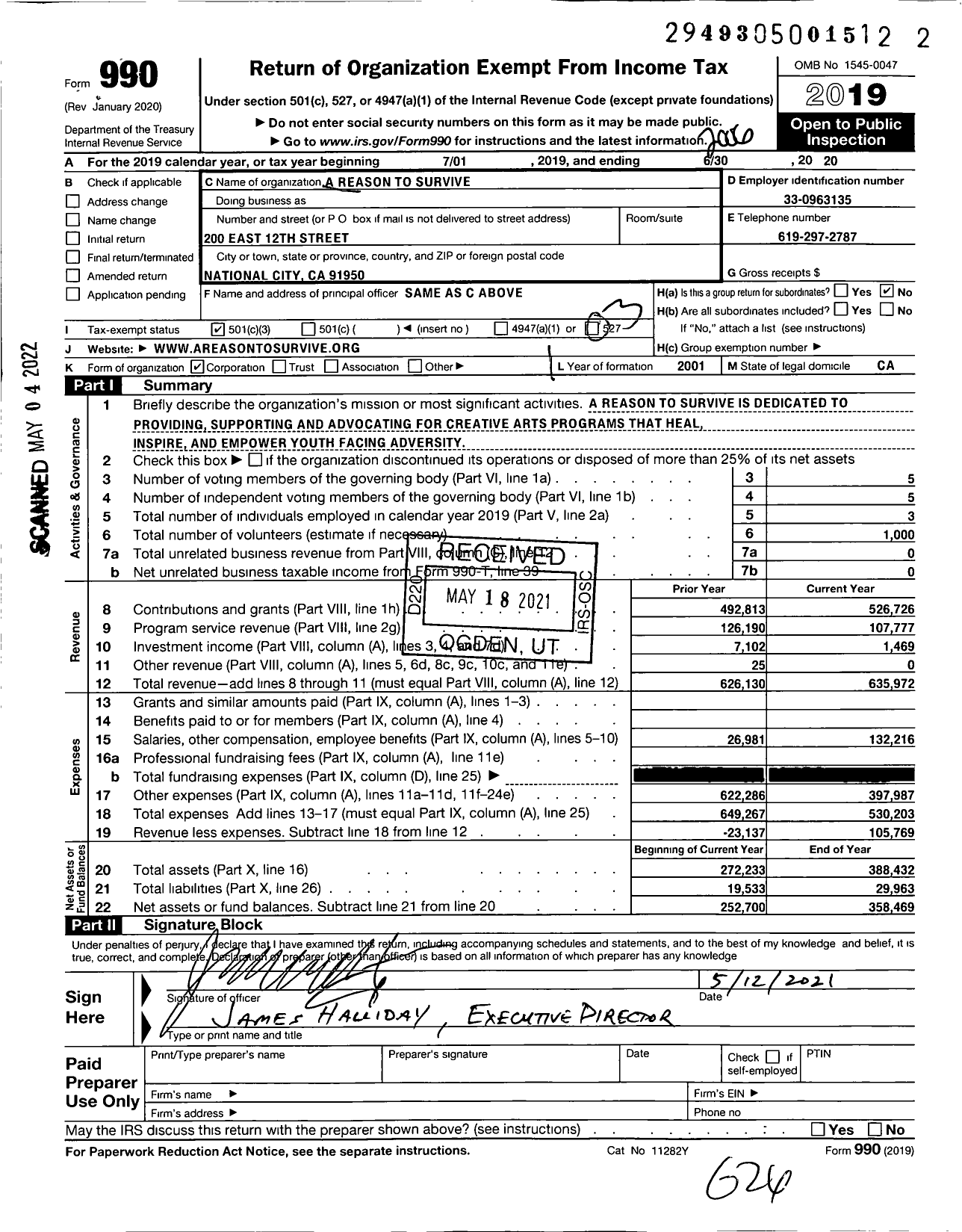 Image of first page of 2019 Form 990 for A Reason To Survive (ARTS)