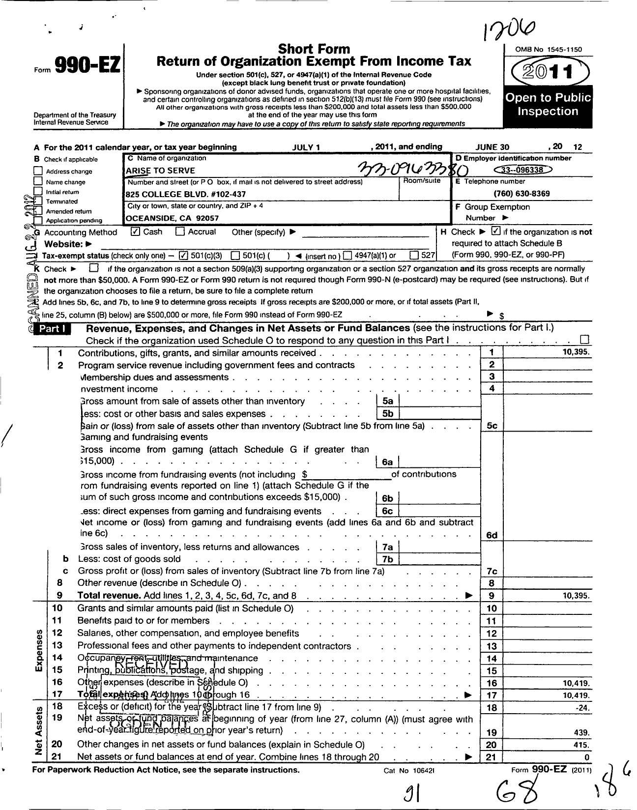 Image of first page of 2011 Form 990EZ for Arise To Serve