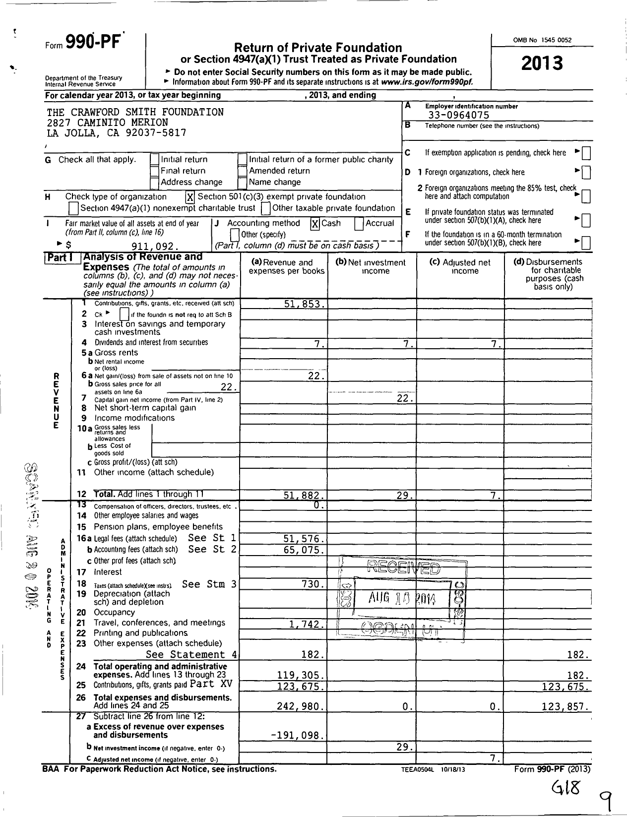 Image of first page of 2013 Form 990PF for Crawford Smith Foundation