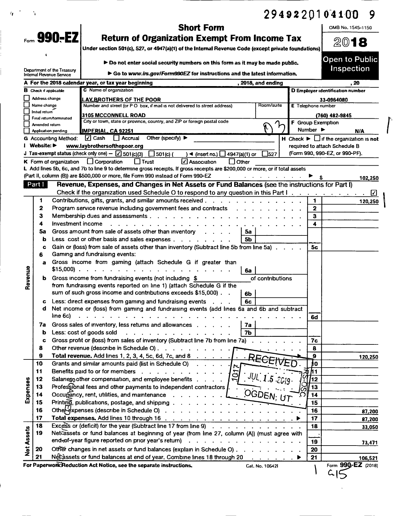 Image of first page of 2018 Form 990EZ for Lay Brothers of the Poor