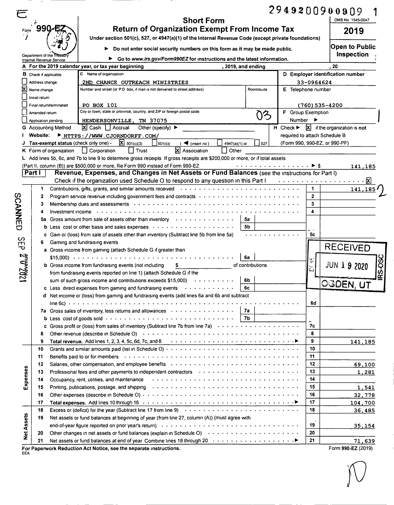 Image of first page of 2019 Form 990EZ for 2nd Chance Outreach Ministries