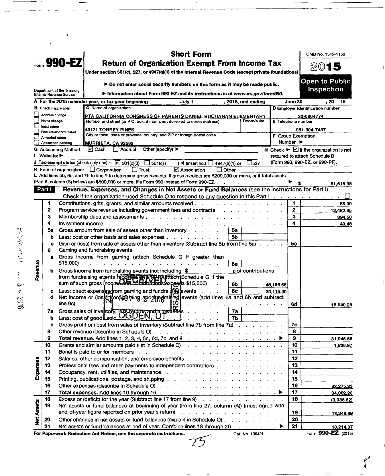 Image of first page of 2015 Form 990EZ for California State PTA - Daniel Buchanan Elementary PTA