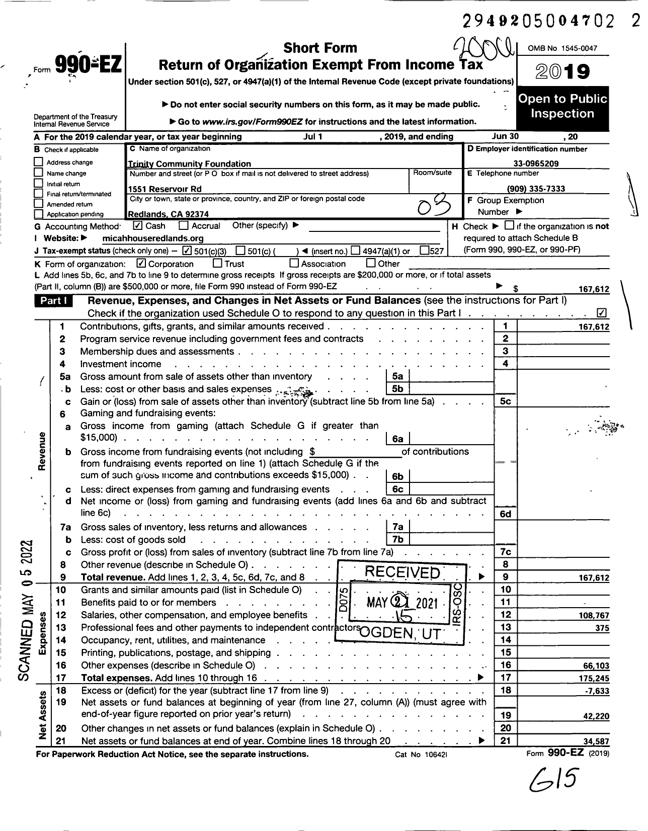 Image of first page of 2019 Form 990EZ for Trinity Community Foundation