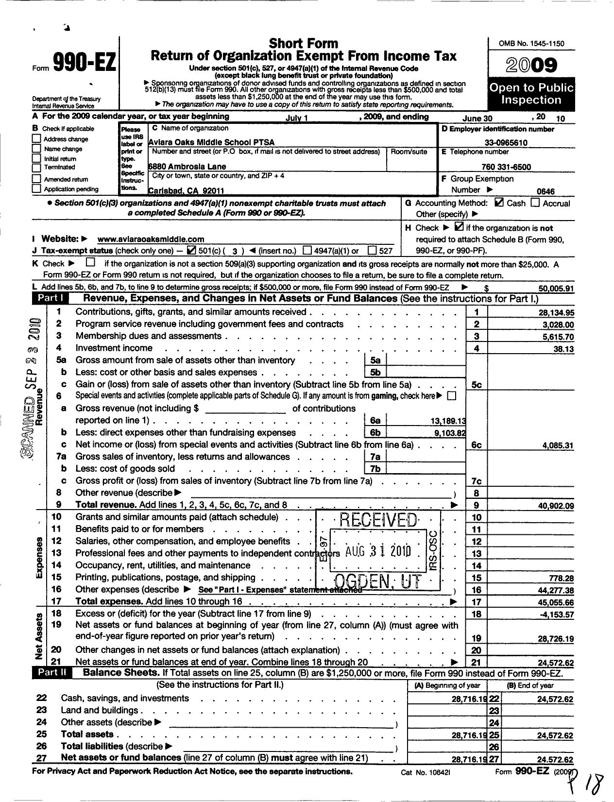 Image of first page of 2009 Form 990EZ for California State PTA - Aviara Oaks Middle School Ptsa