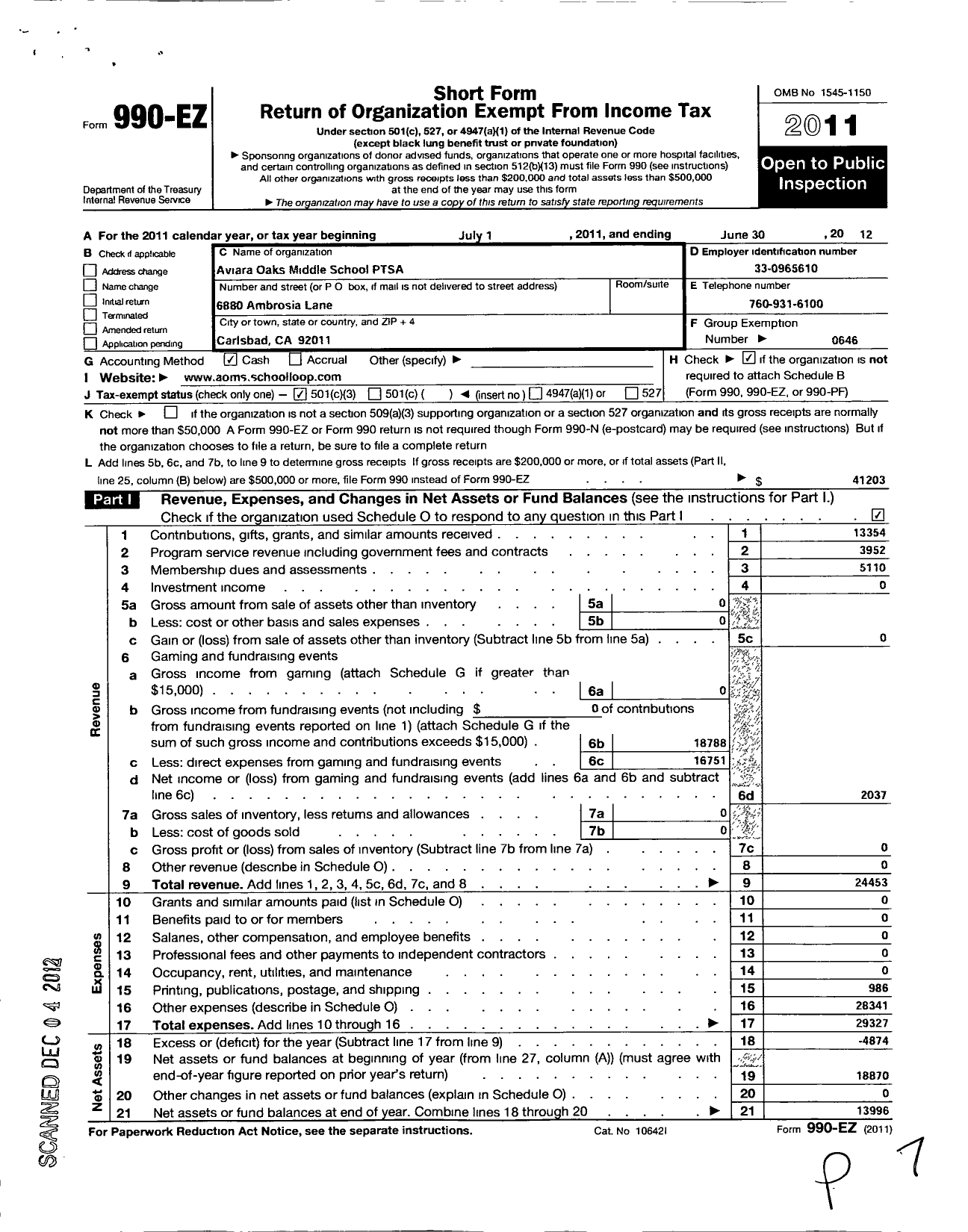 Image of first page of 2011 Form 990EZ for California State PTA - Aviara Oaks Middle School Ptsa