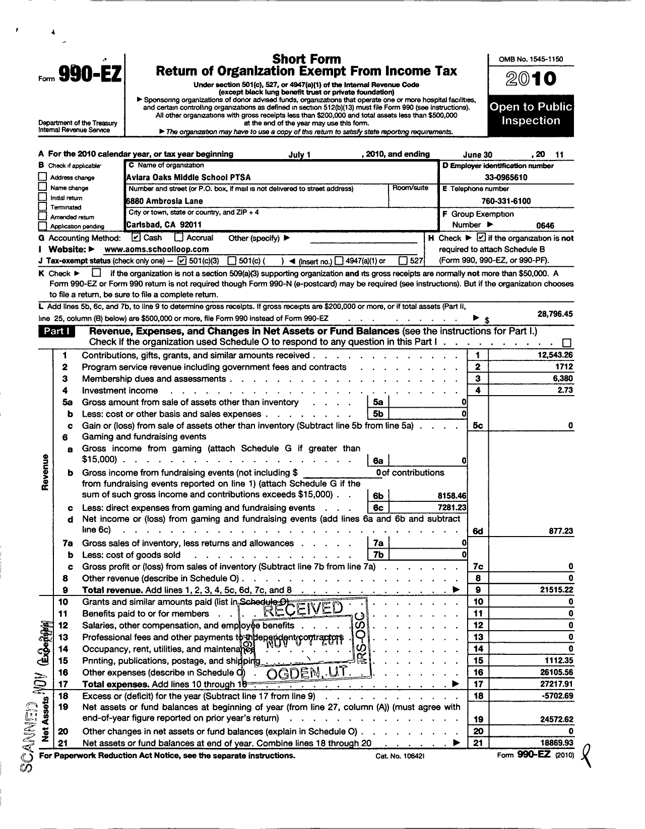 Image of first page of 2010 Form 990EZ for California State PTA - Aviara Oaks Middle School Ptsa