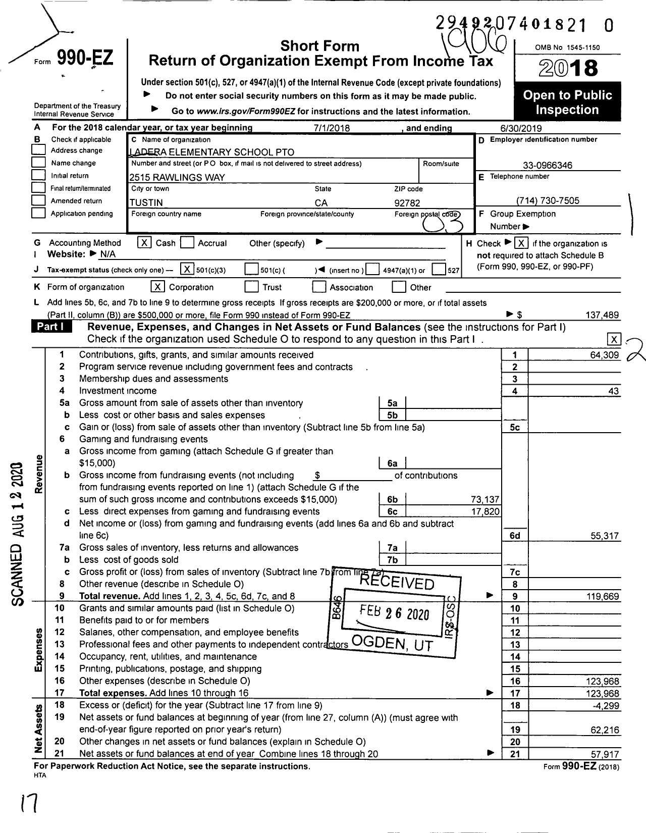 Image of first page of 2018 Form 990EZ for Ladera Elementary School Pto