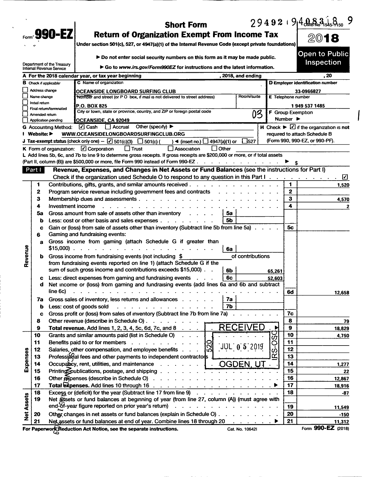 Image of first page of 2018 Form 990EZ for Oceanside Longboard Surfing Club