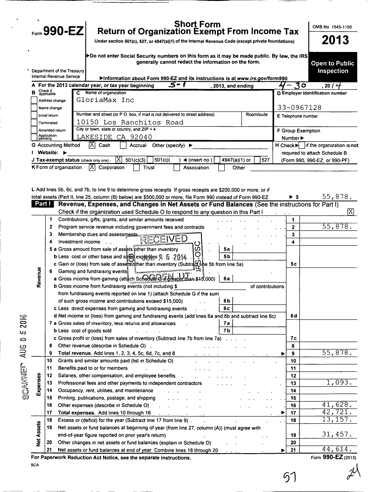 Image of first page of 2013 Form 990EZ for Gloriamax