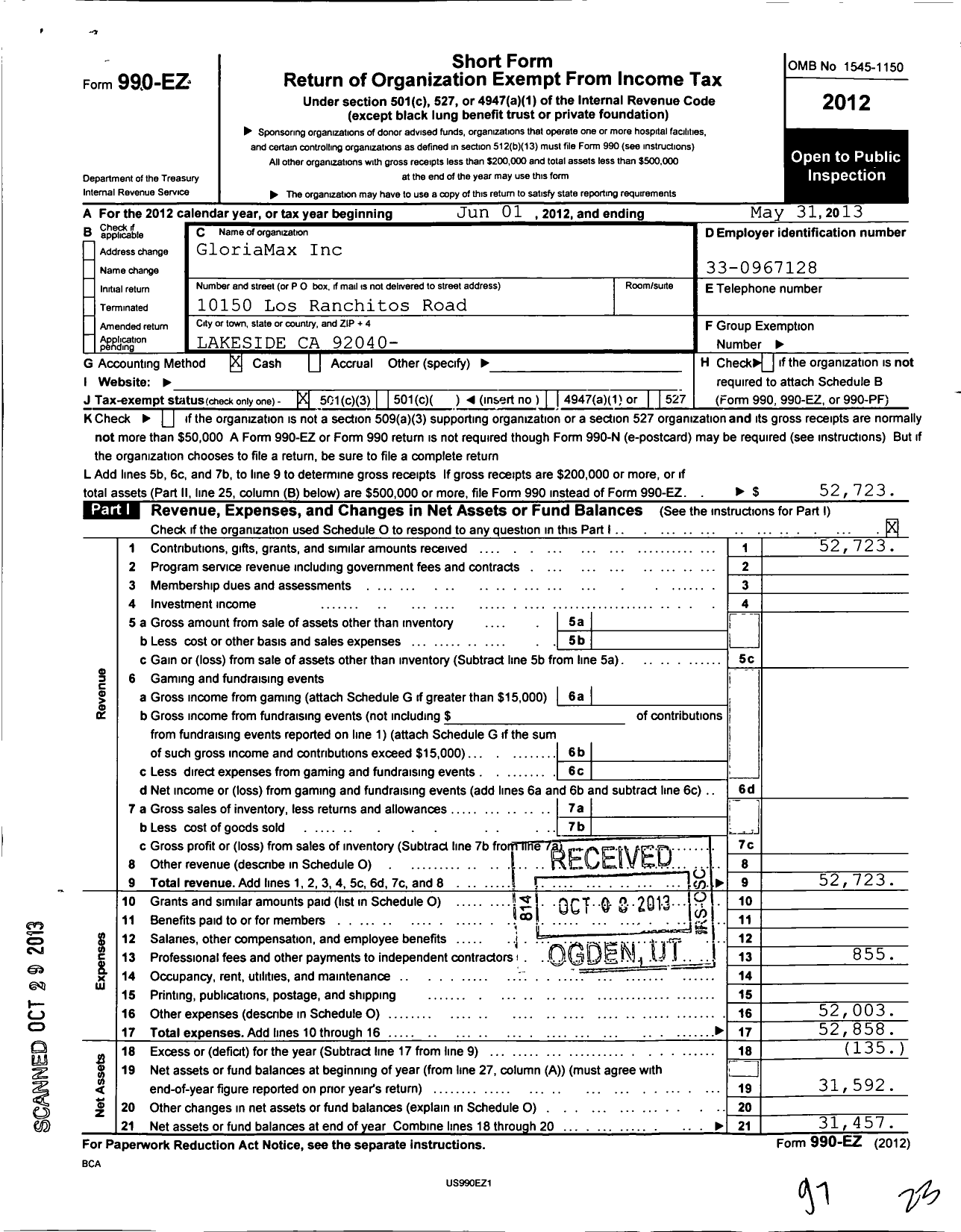 Image of first page of 2012 Form 990EZ for Gloriamax