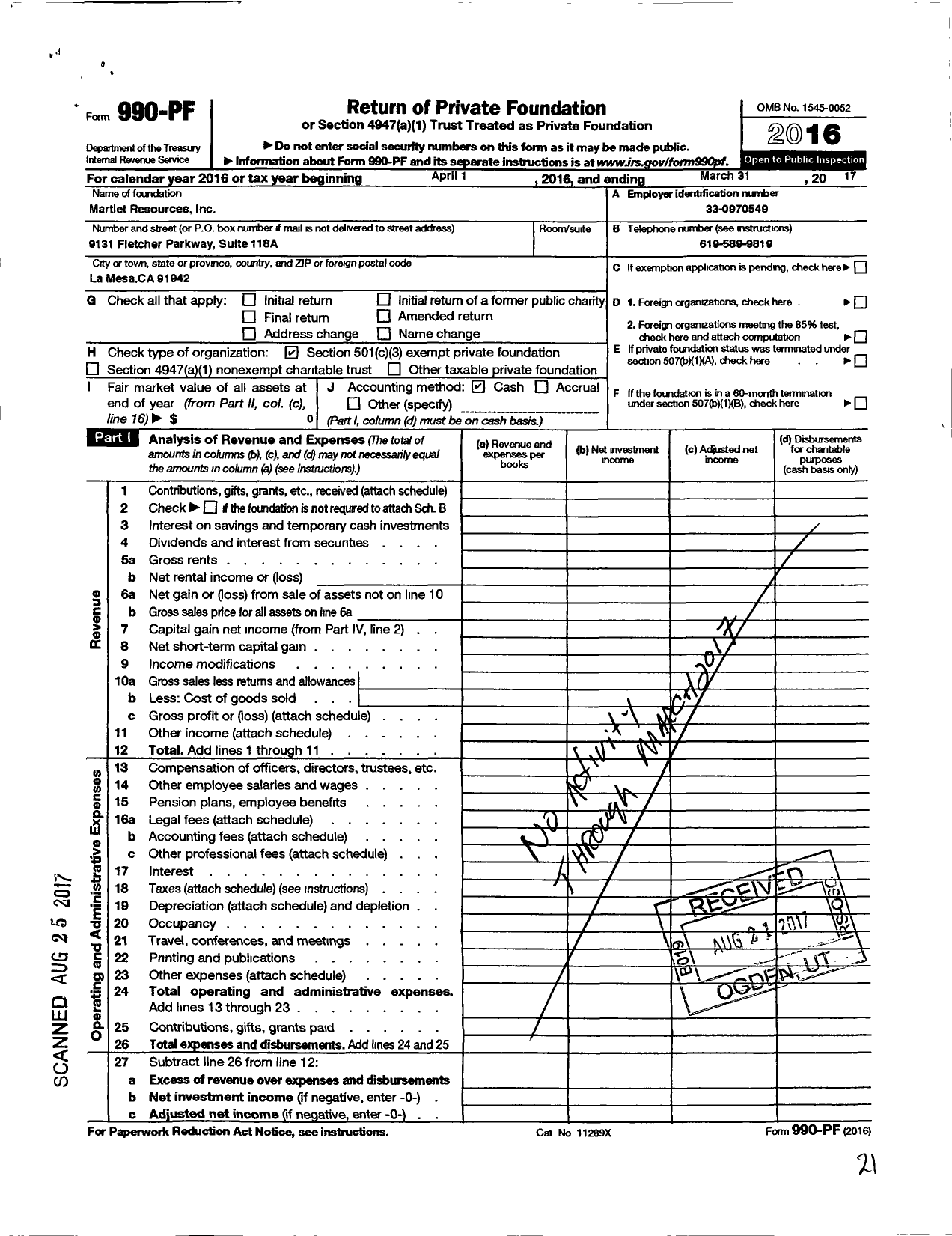 Image of first page of 2016 Form 990PF for Martlet Resources