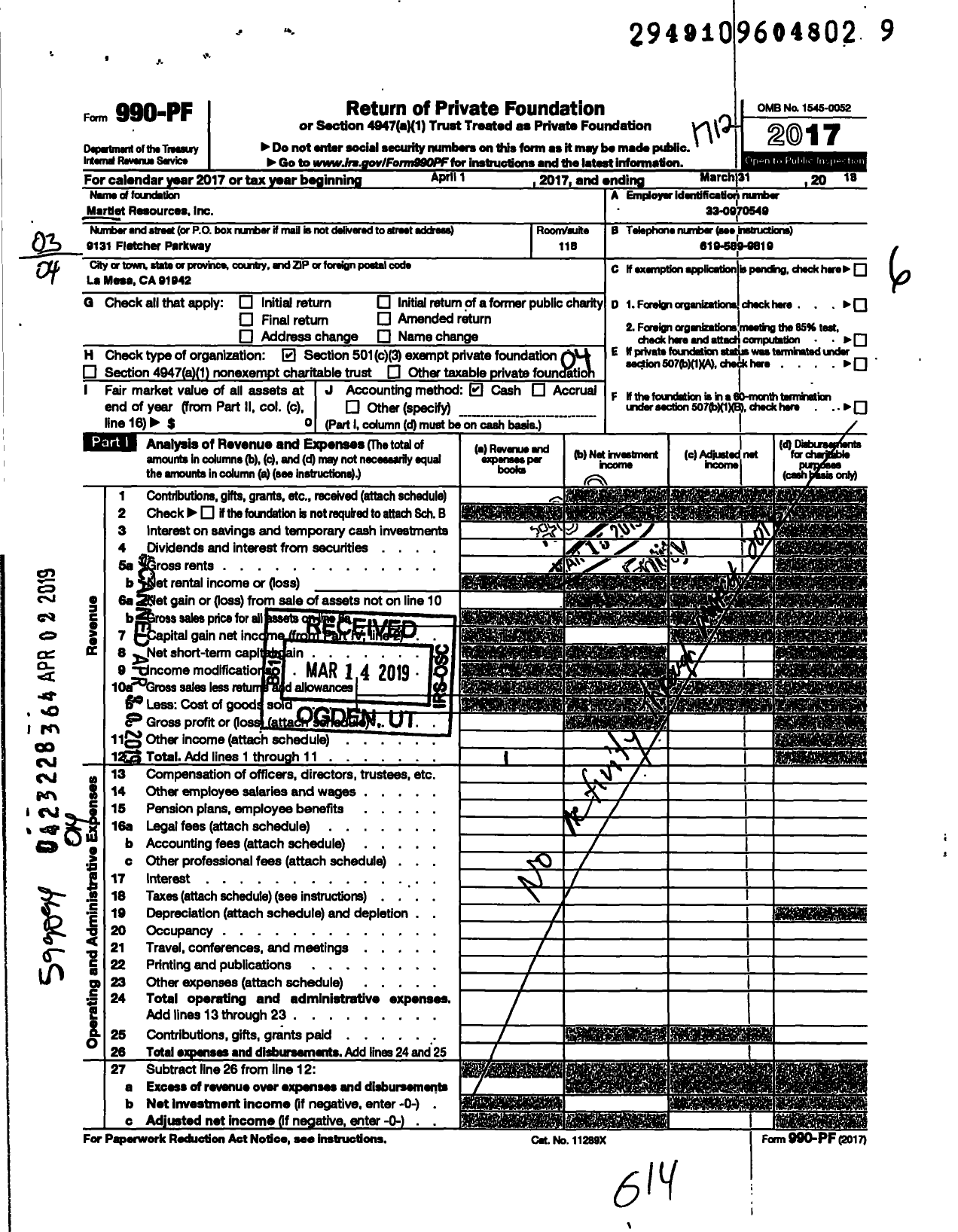 Image of first page of 2017 Form 990PF for Martlet Resources