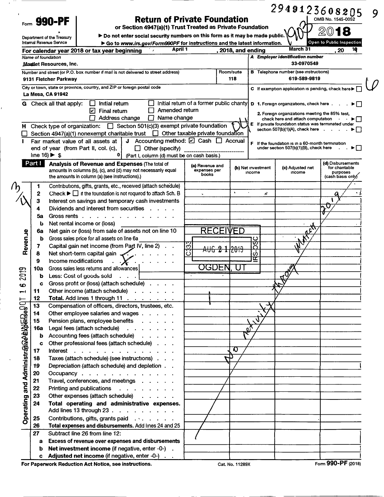 Image of first page of 2018 Form 990PF for Martlet Resources