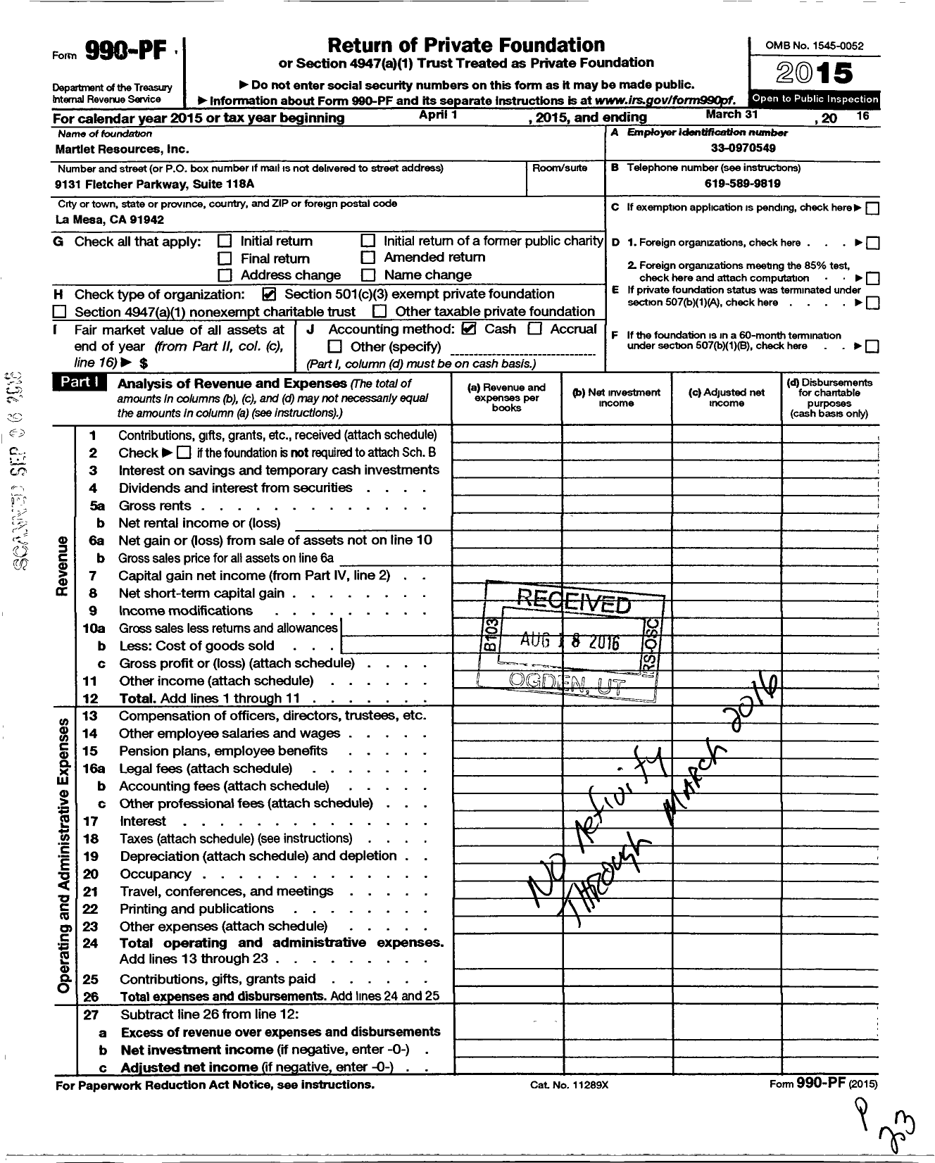 Image of first page of 2015 Form 990PF for Martlet Resources