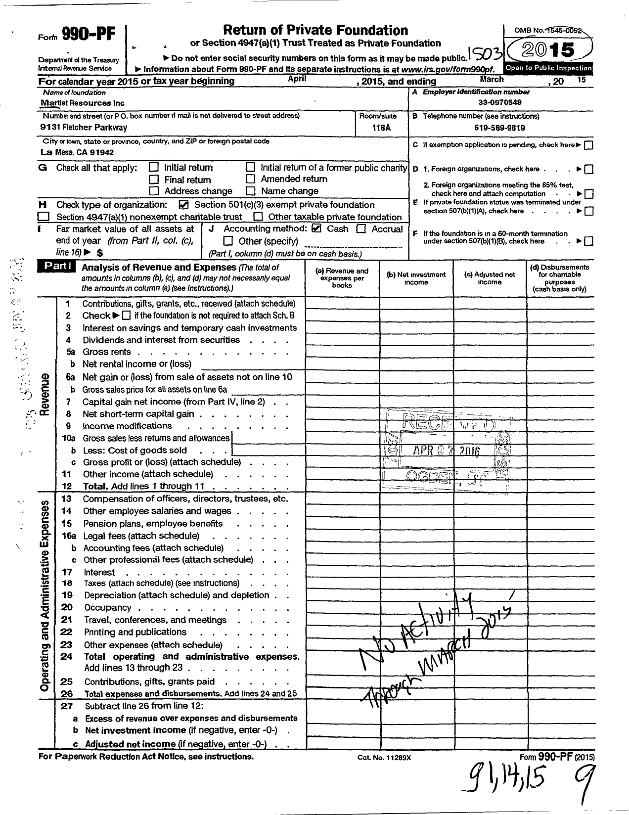 Image of first page of 2014 Form 990PF for Martlet Resources