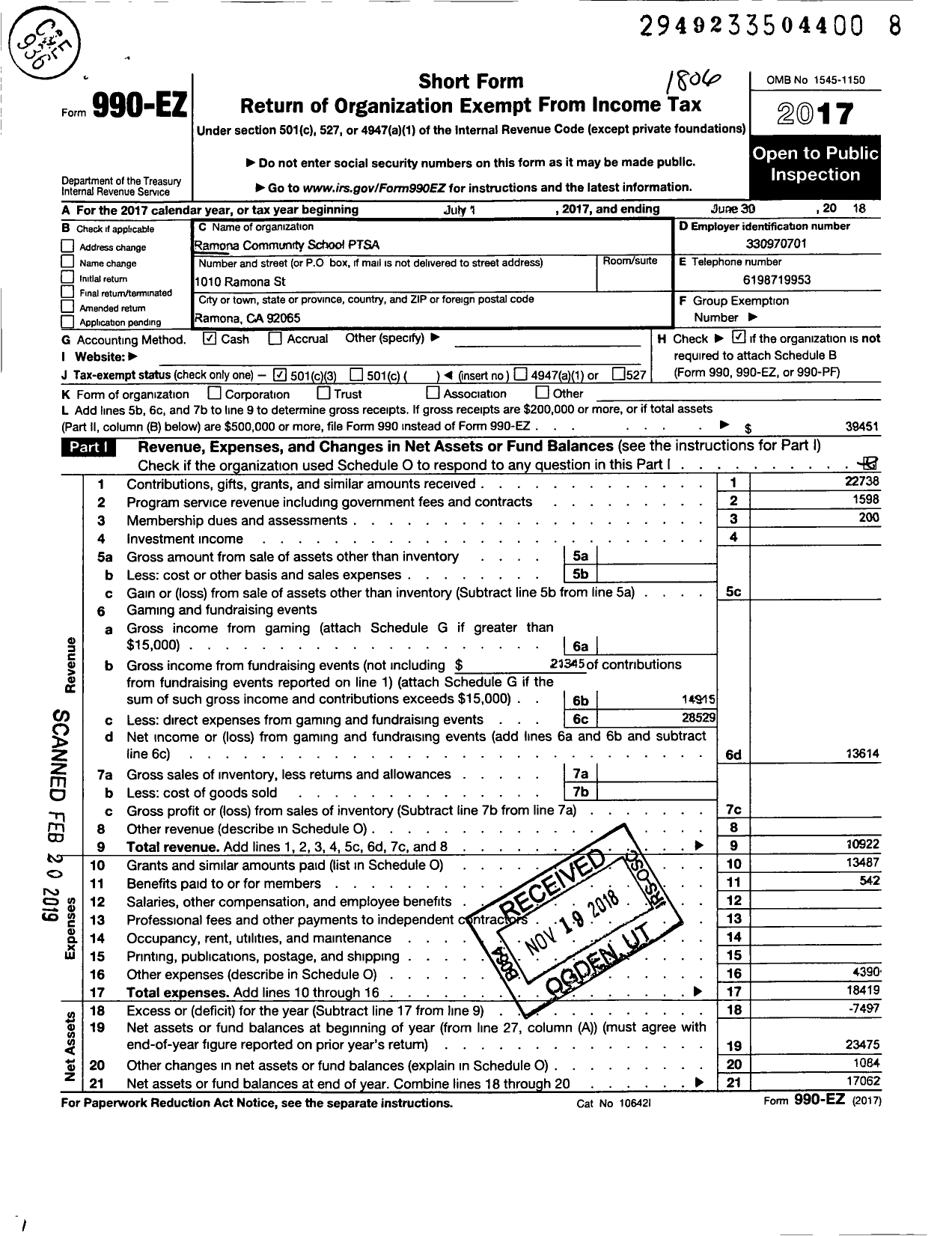 Image of first page of 2017 Form 990EZ for California State PTA - Ramona Community School Ptsa