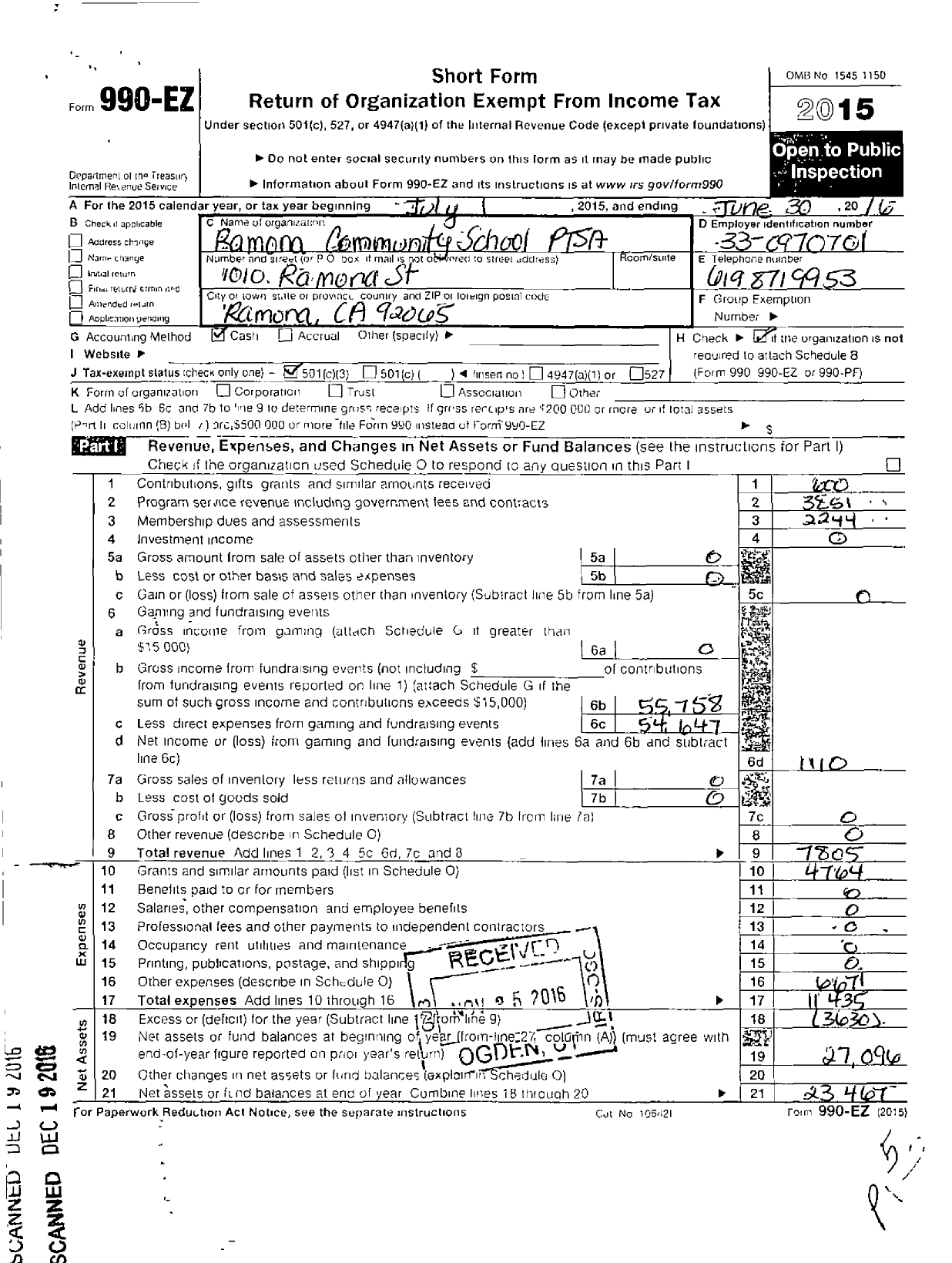 Image of first page of 2015 Form 990EZ for California State PTA - Ramona Community School Ptsa