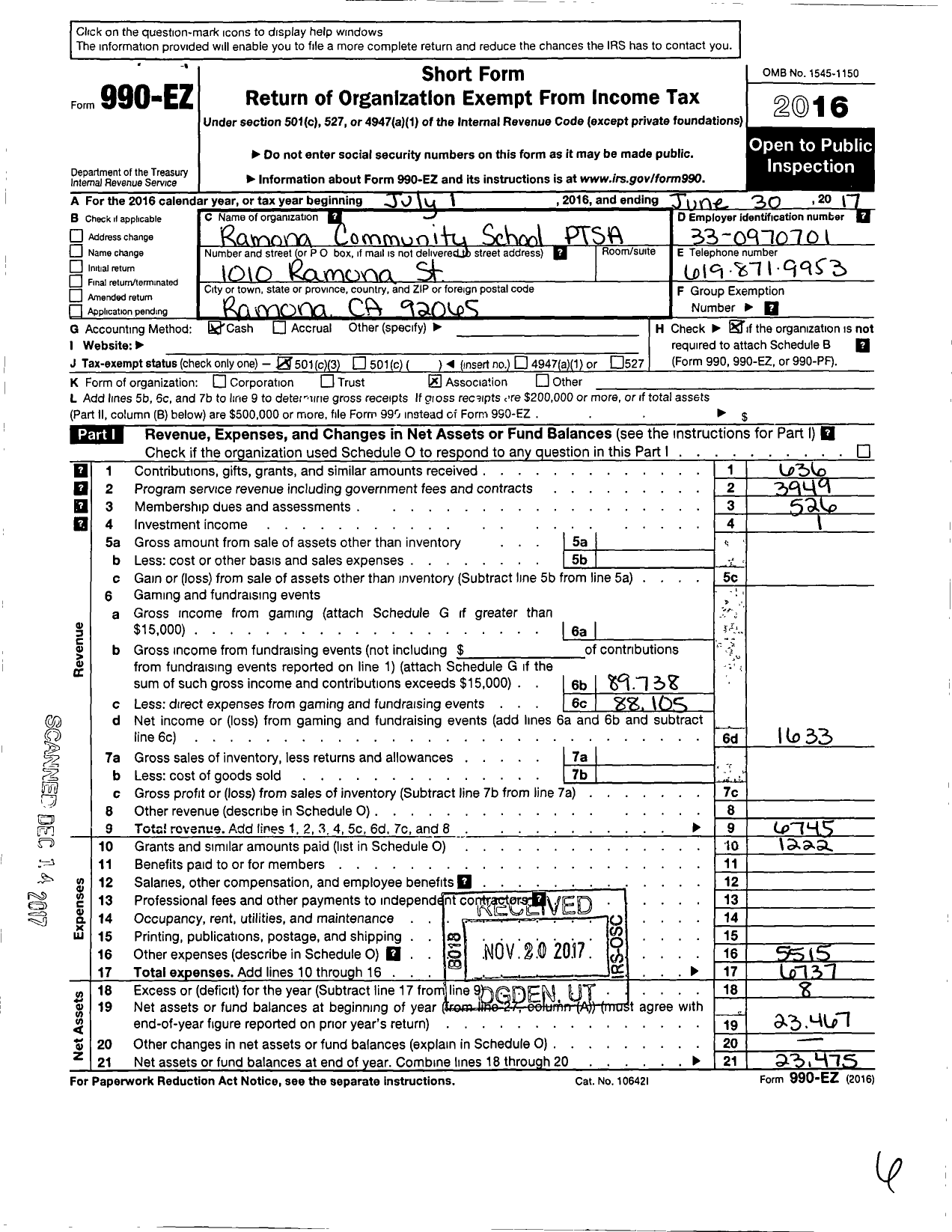 Image of first page of 2016 Form 990EZ for California State PTA - Ramona Community School Ptsa