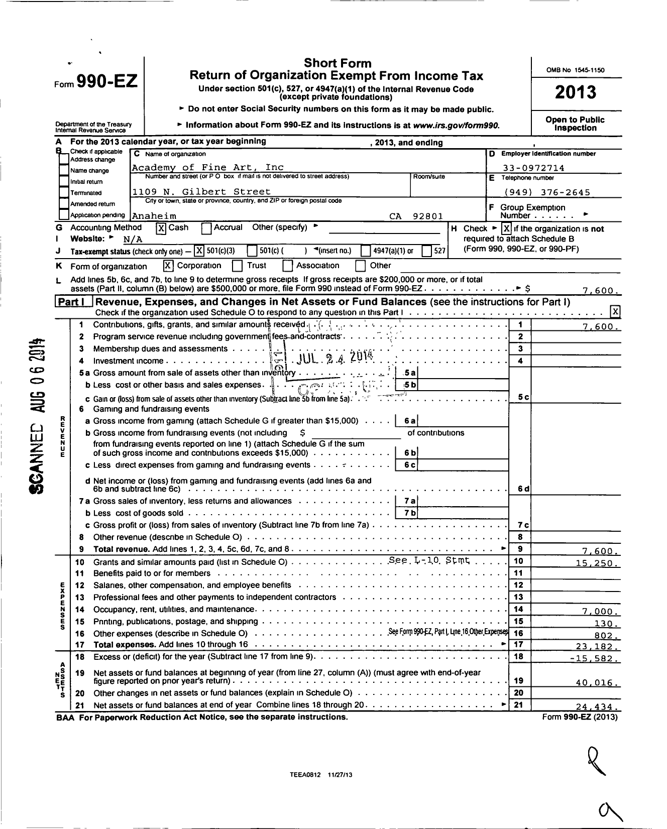 Image of first page of 2013 Form 990EZ for Academy of Fine Art Foundation