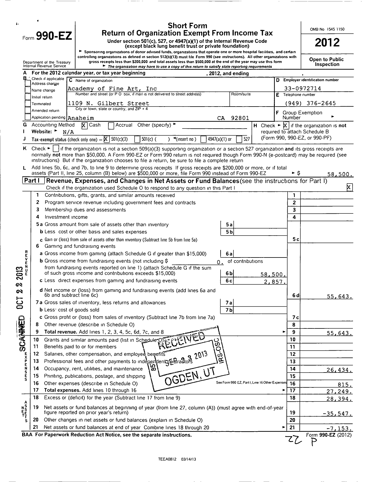 Image of first page of 2012 Form 990EZ for Academy of Fine Art Foundation