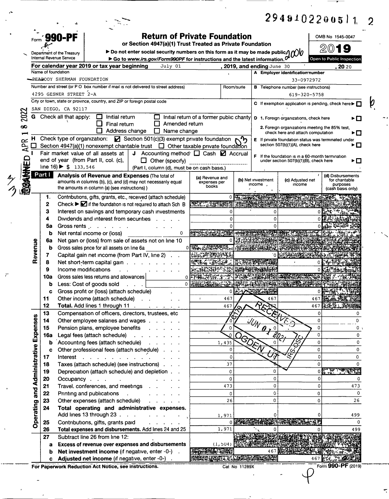 Image of first page of 2019 Form 990PF for Peabody Sherman Foundation