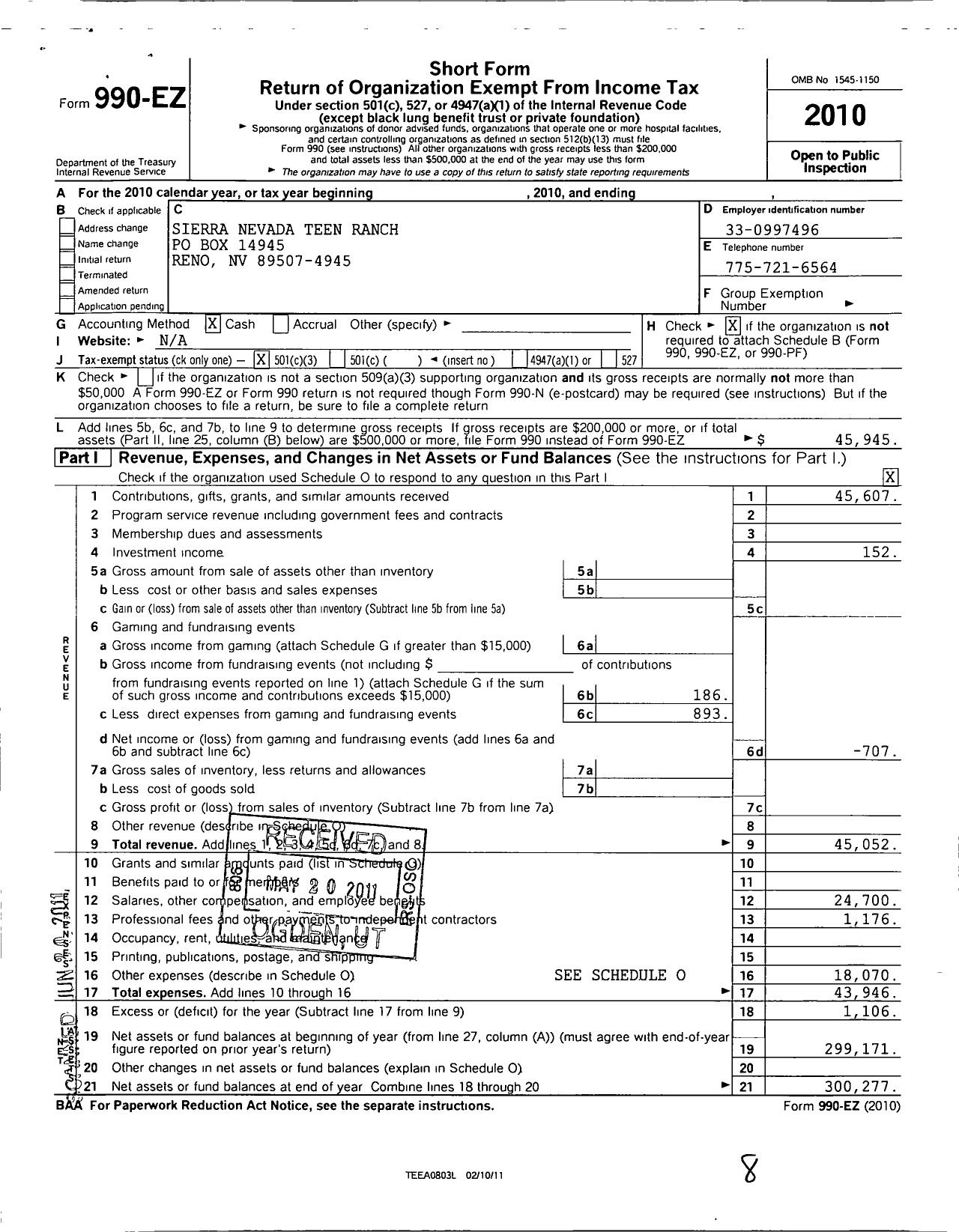 Image of first page of 2010 Form 990EZ for Sierra Nevada Teen Ranch