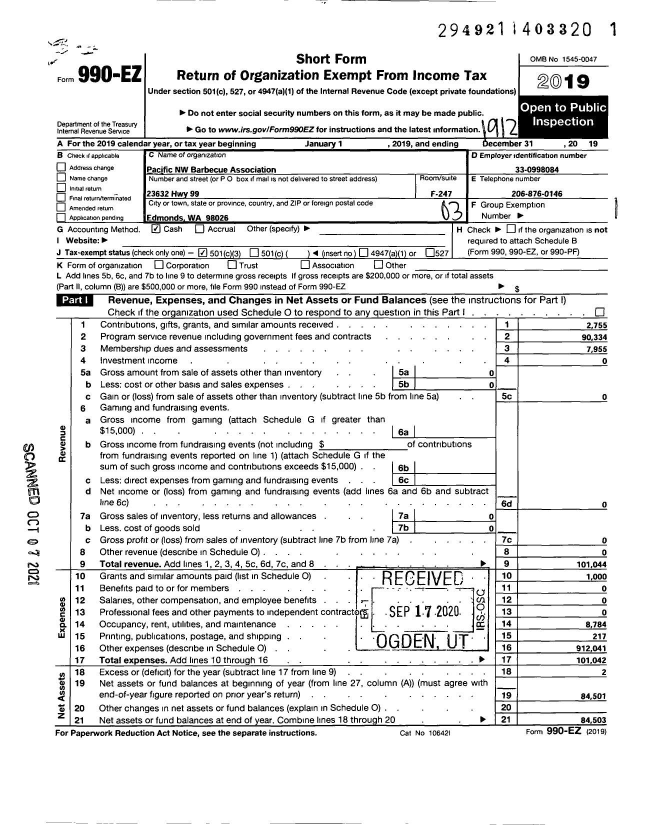 Image of first page of 2019 Form 990EZ for Pacific NW Barbecue Association