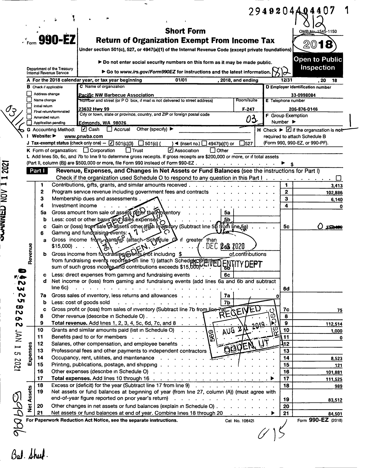 Image of first page of 2018 Form 990EZ for Pacific NW Barbecue Association