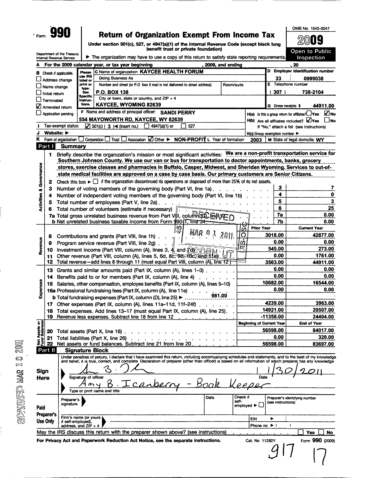 Image of first page of 2009 Form 990 for Kaycee Health Forum