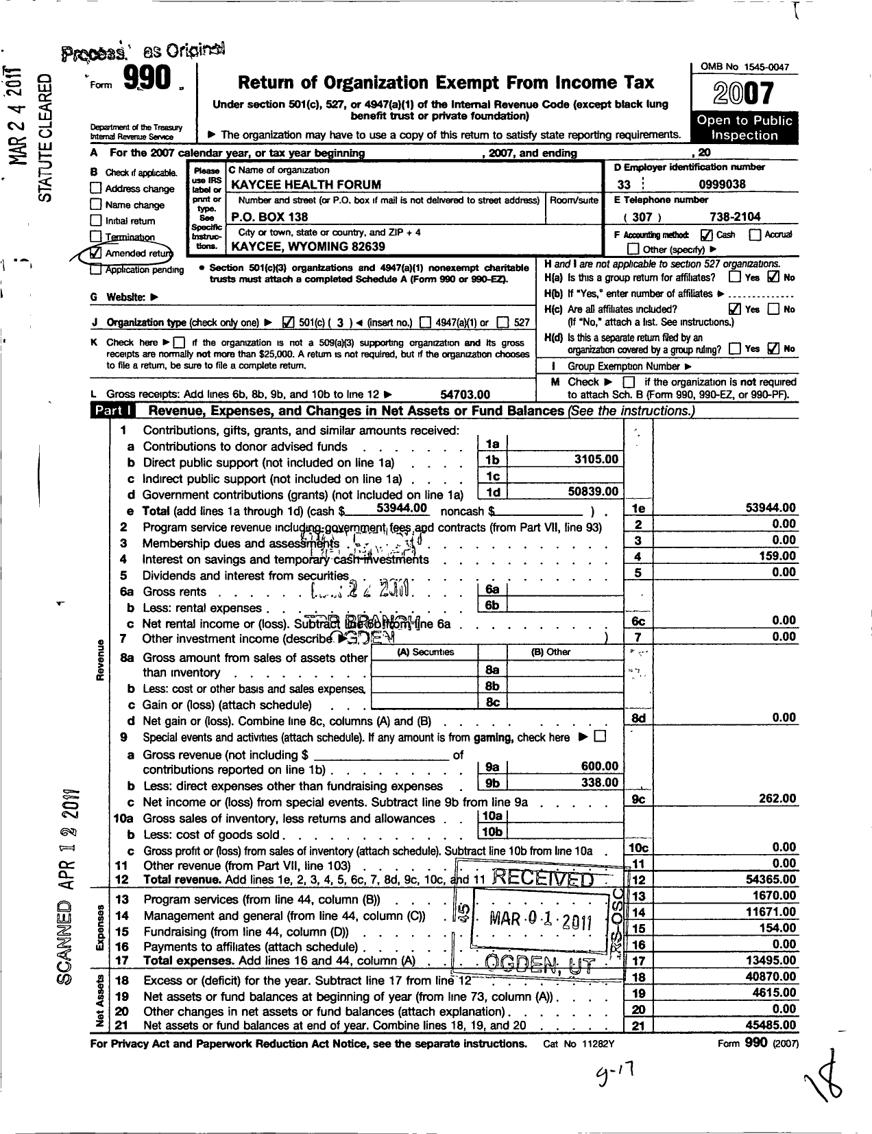 Image of first page of 2007 Form 990 for Kaycee Health Forum