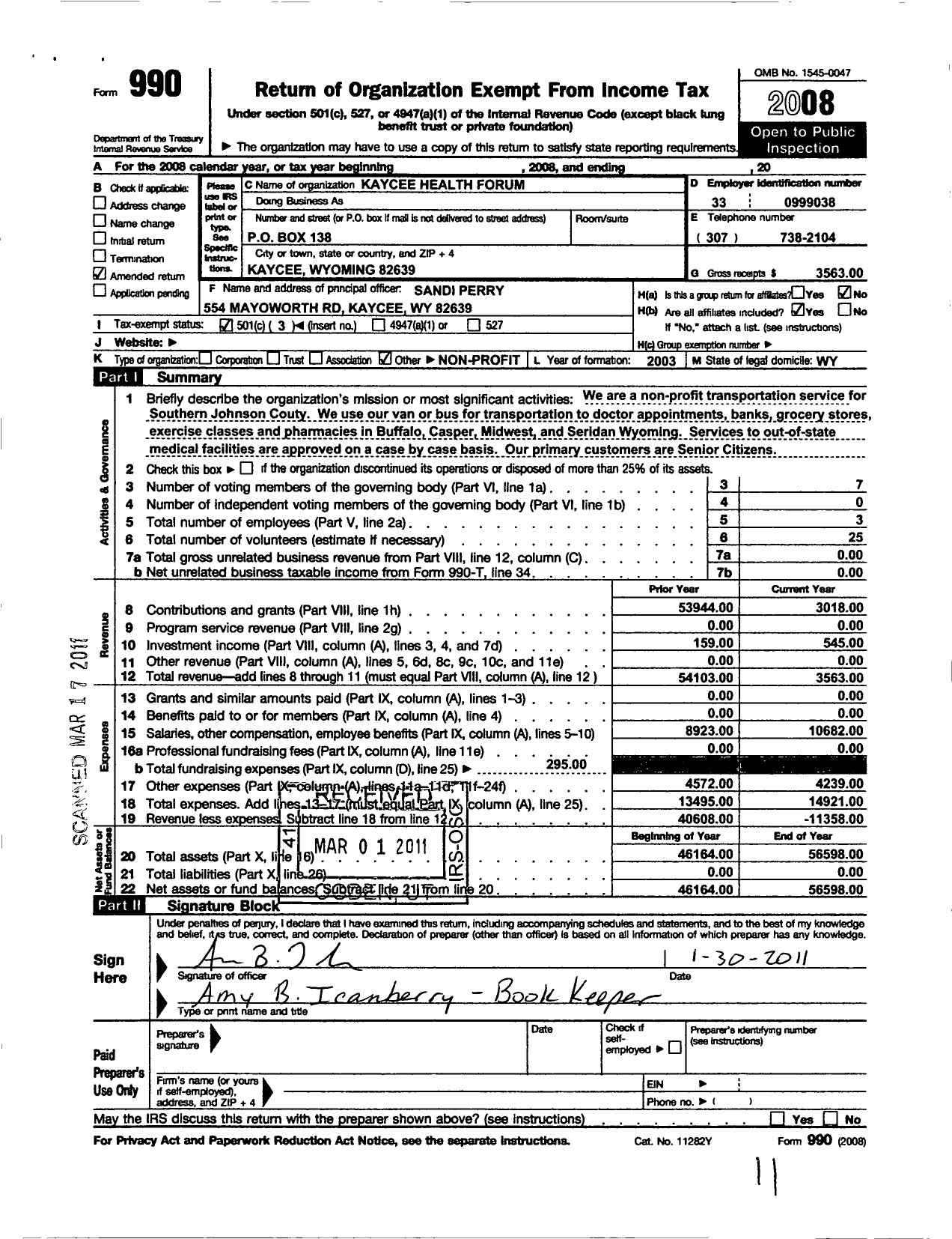 Image of first page of 2008 Form 990 for Kaycee Health Forum