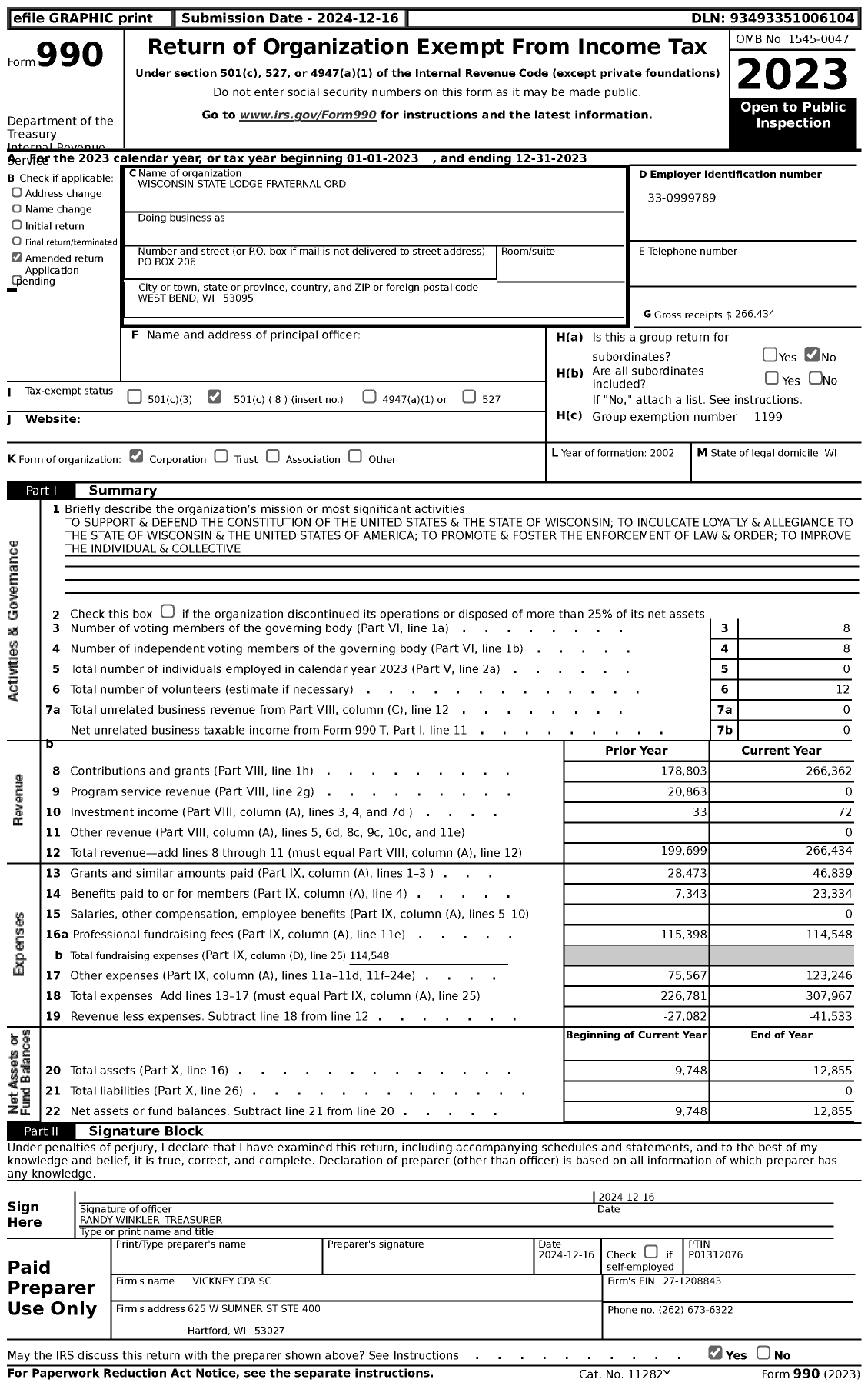 Image of first page of 2023 Form 990 for Fraternal Order of Police - St Wisconsin State Lodge