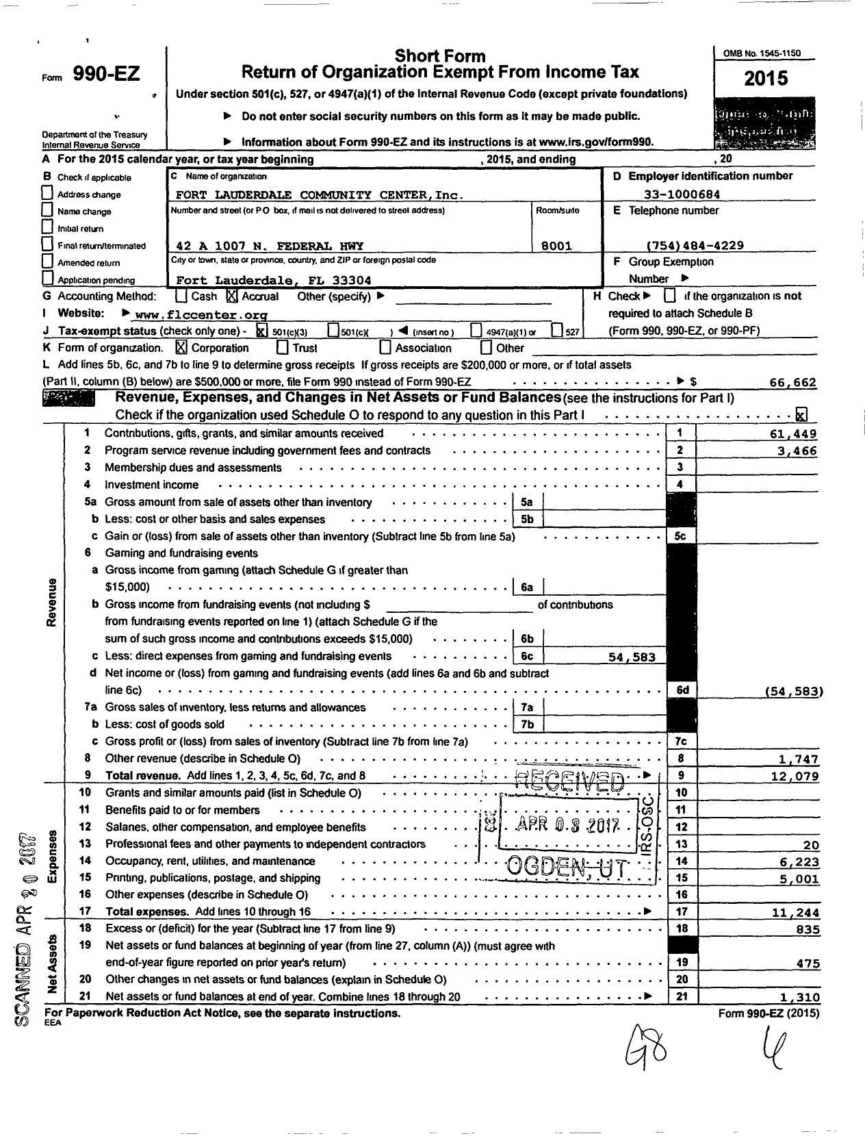 Image of first page of 2015 Form 990EZ for Fort Lauderdale Community Center