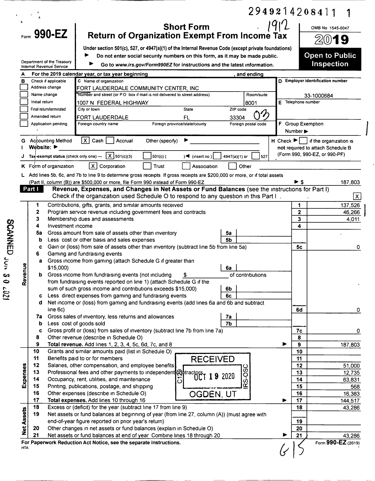 Image of first page of 2019 Form 990EZ for Fort Lauderdale Community Center