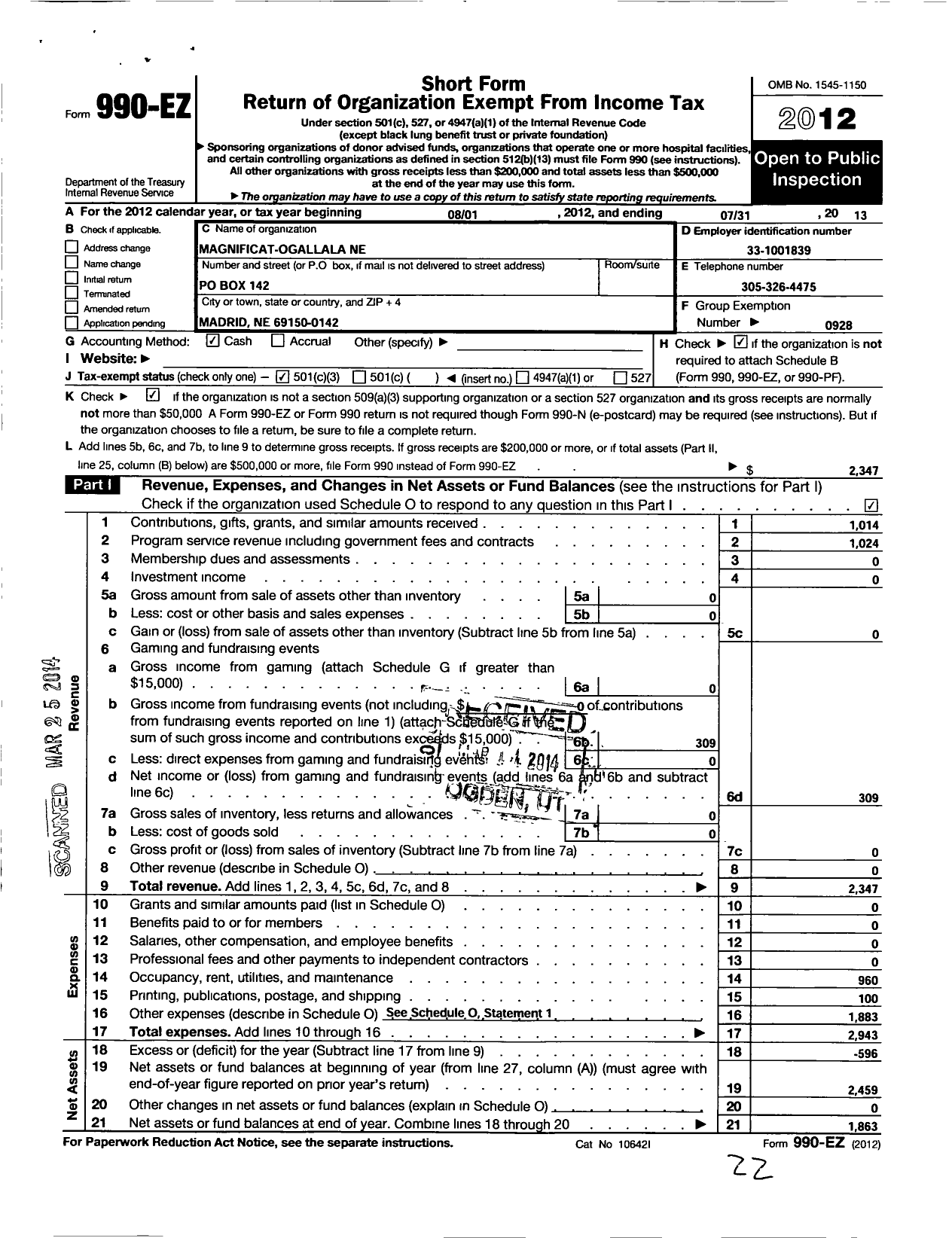 Image of first page of 2012 Form 990EZ for Magificat Our Lady of the Harvest Chapter Ogallala Ne