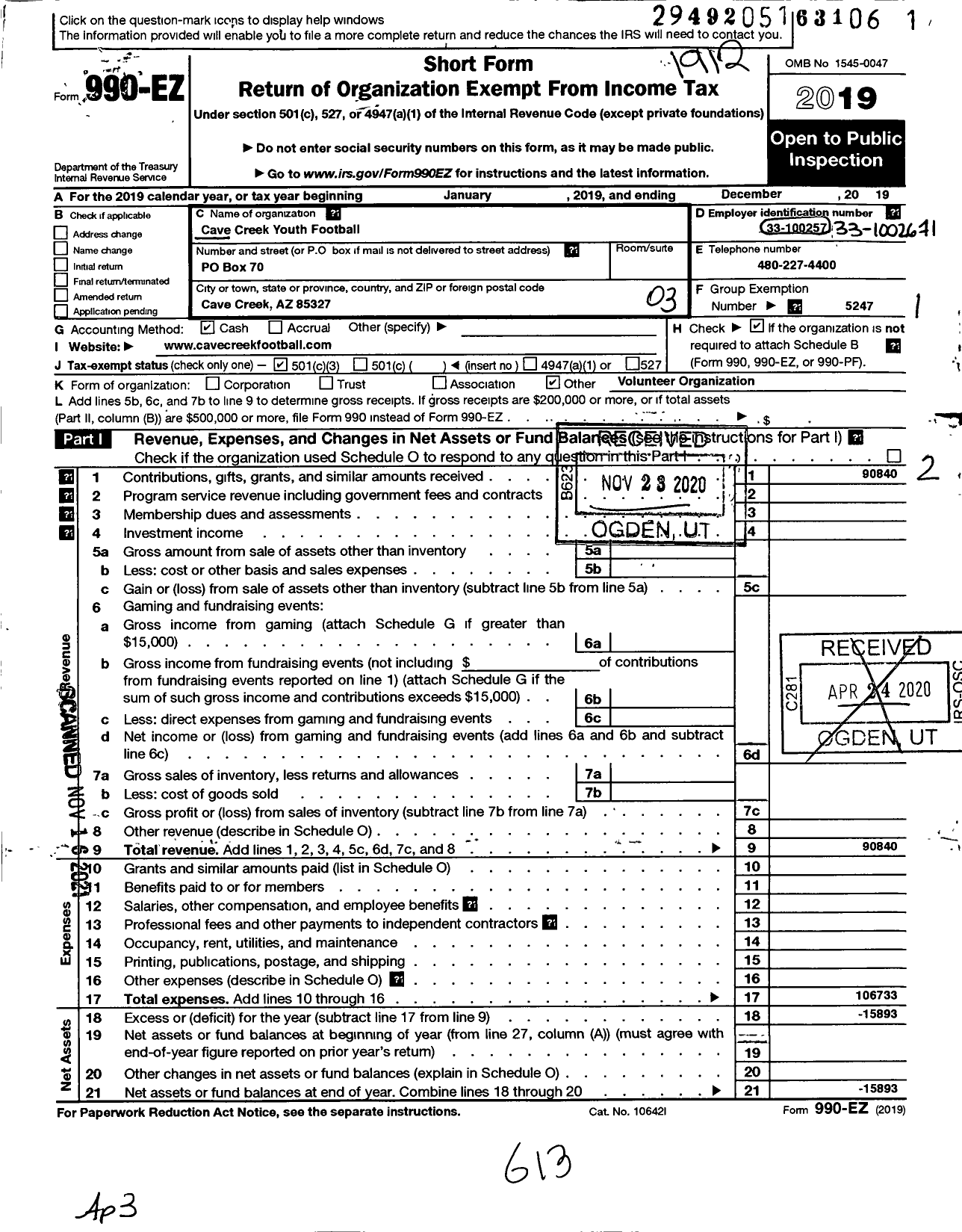 Image of first page of 2019 Form 990EZ for Cave Creek Carefree Association of Youth Football & Cheer