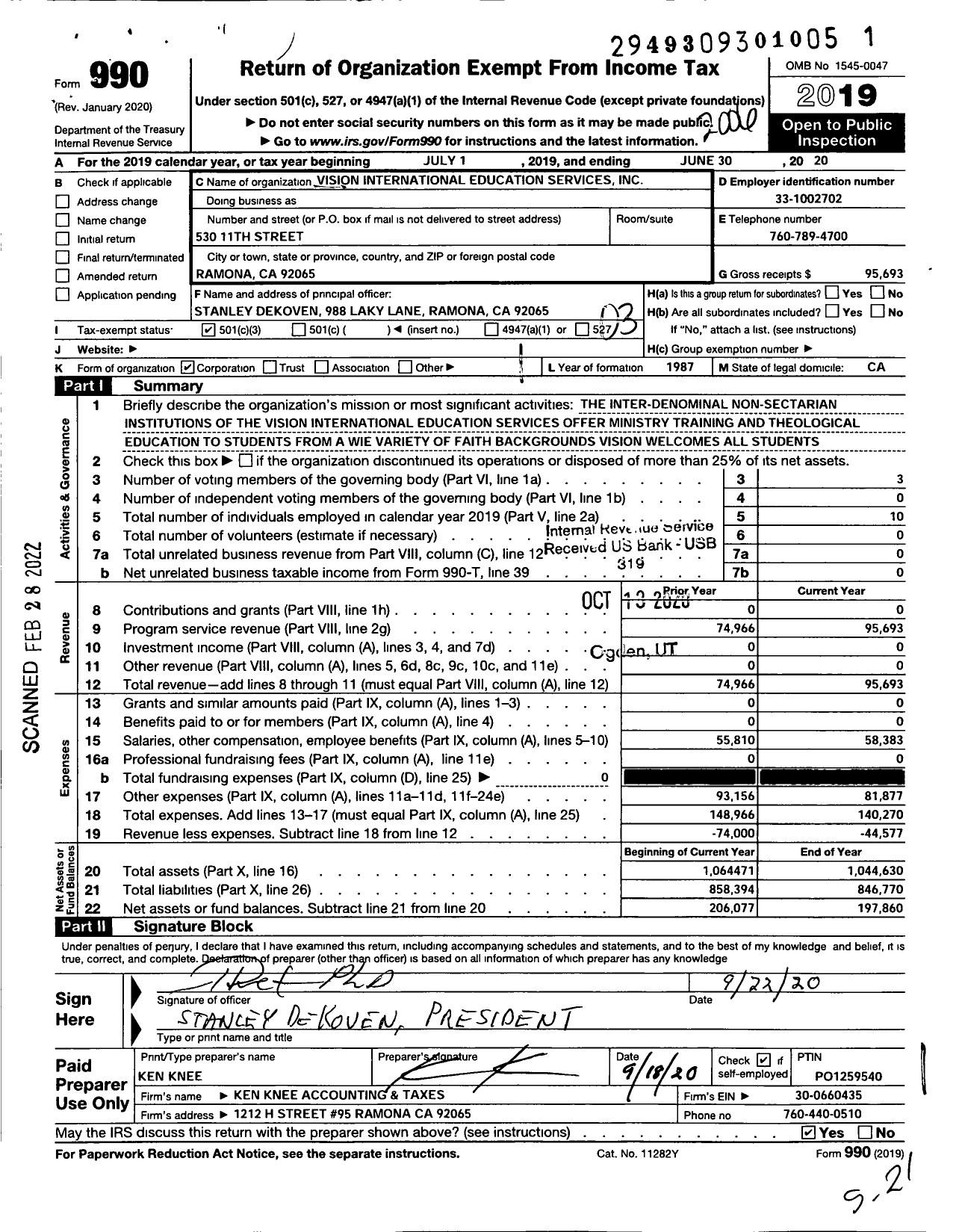 Image of first page of 2019 Form 990 for Vision International Educational Services