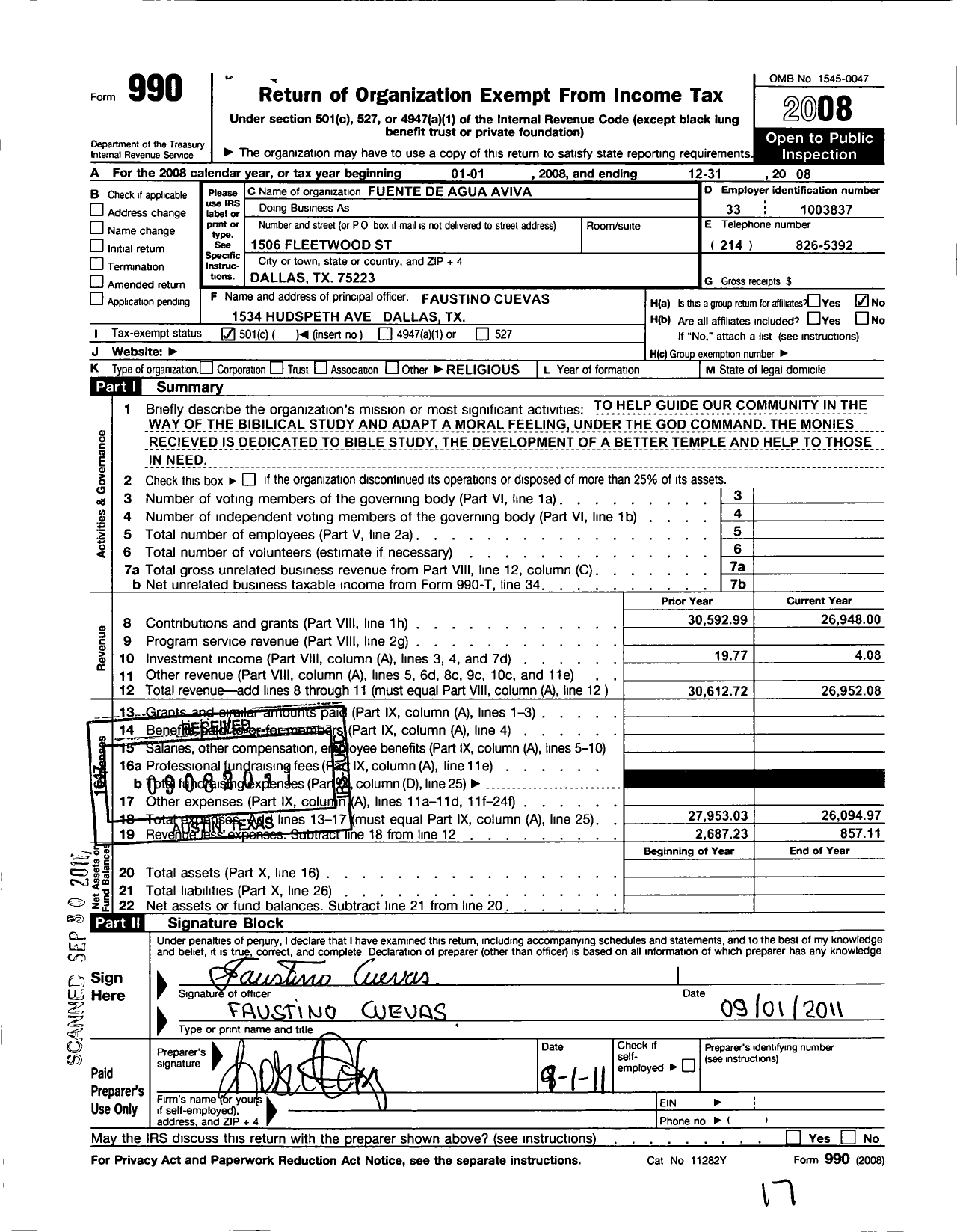 Image of first page of 2008 Form 990O for Fuente de Agua Viva