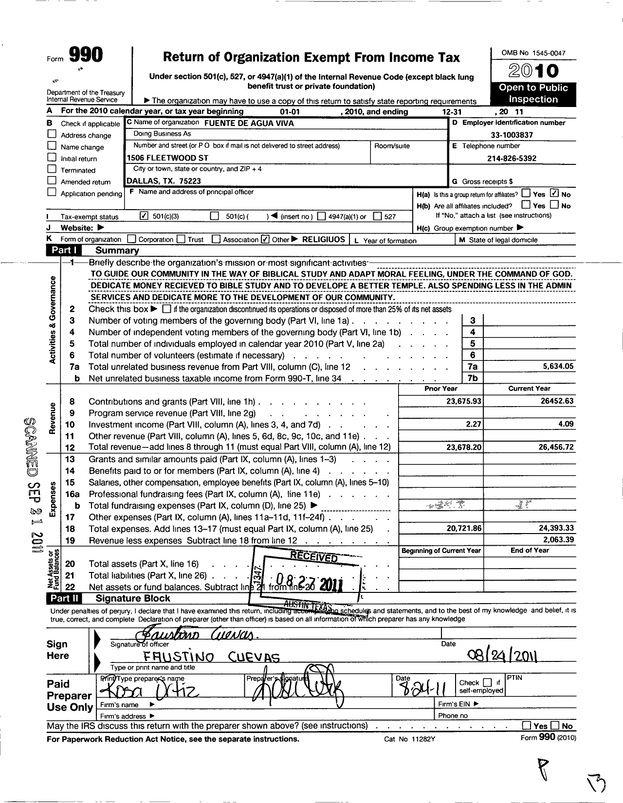 Image of first page of 2011 Form 990 for Fuente de Agua Viva