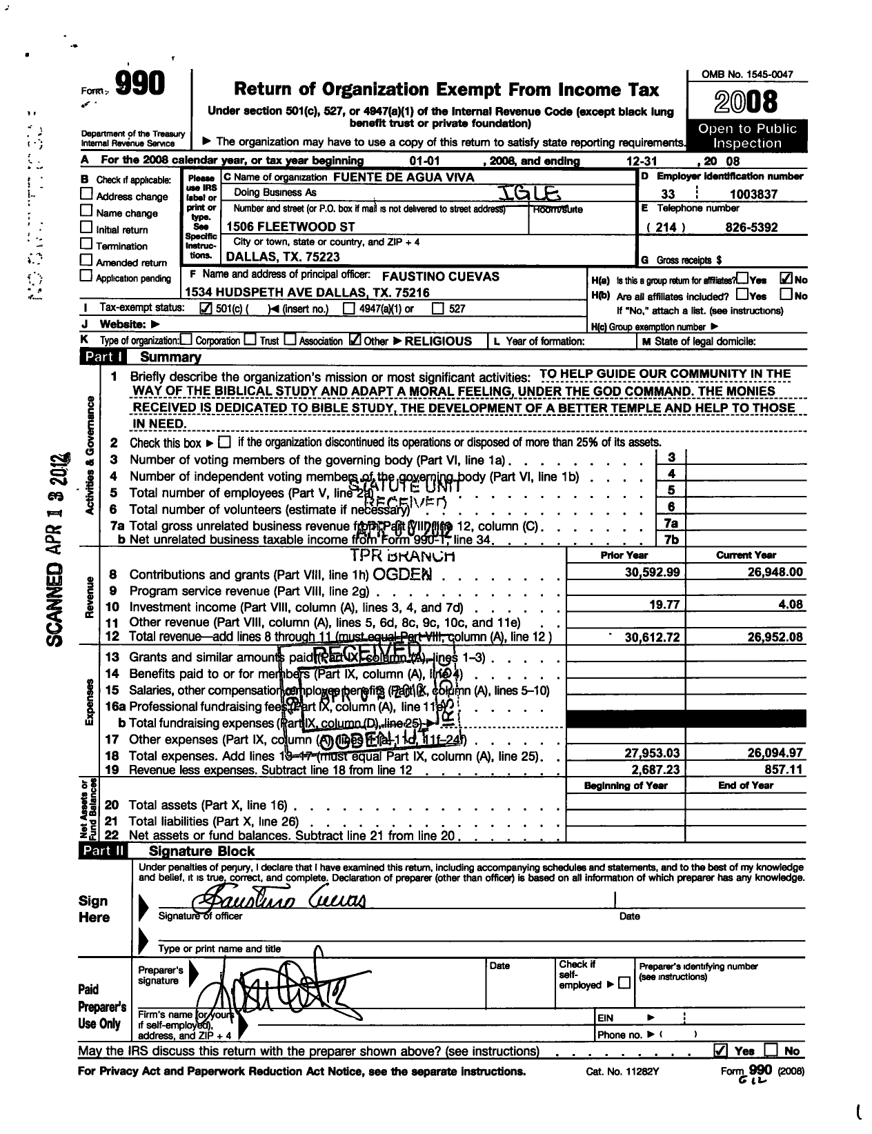 Image of first page of 2008 Form 990O for Fuente de Agua Viva