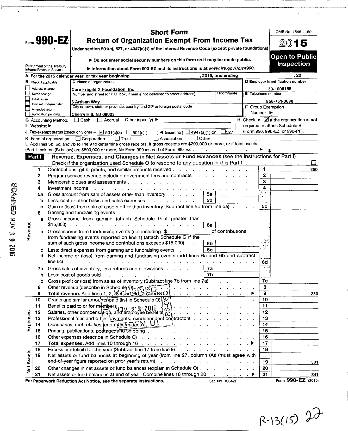 Image of first page of 2015 Form 990EZ for Cure Fragilex Foundation