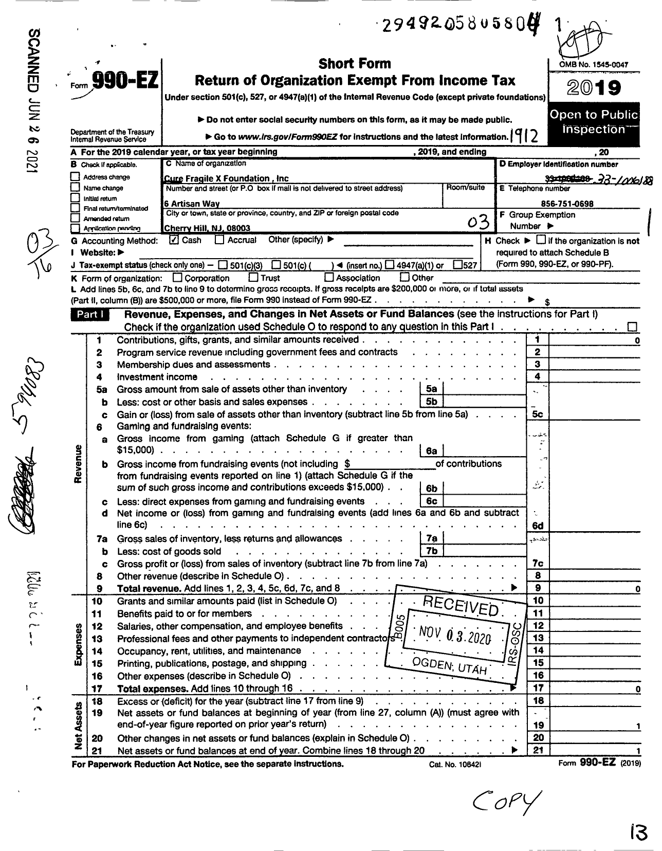 Image of first page of 2019 Form 990EZ for Cure Fragilex Foundation