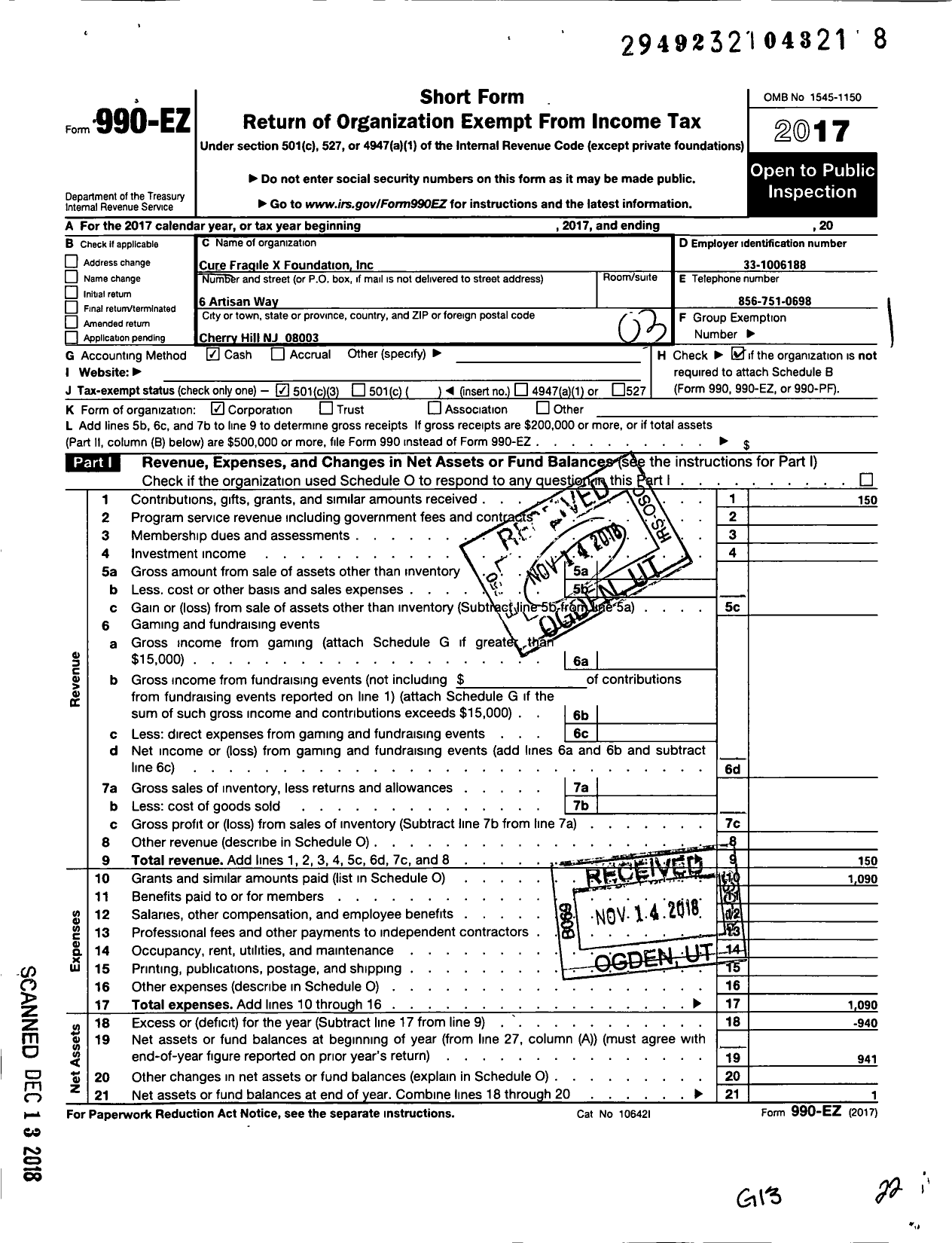 Image of first page of 2017 Form 990EZ for Cure Fragilex Foundation