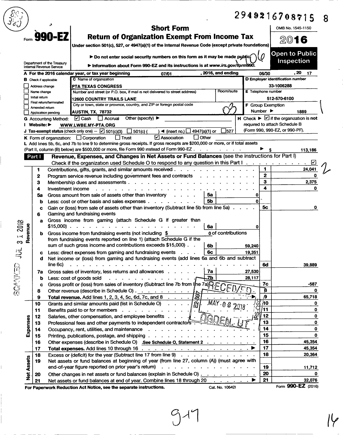 Image of first page of 2016 Form 990EZ for Texas PTA - 10264 Laura Welch Bush Elementary